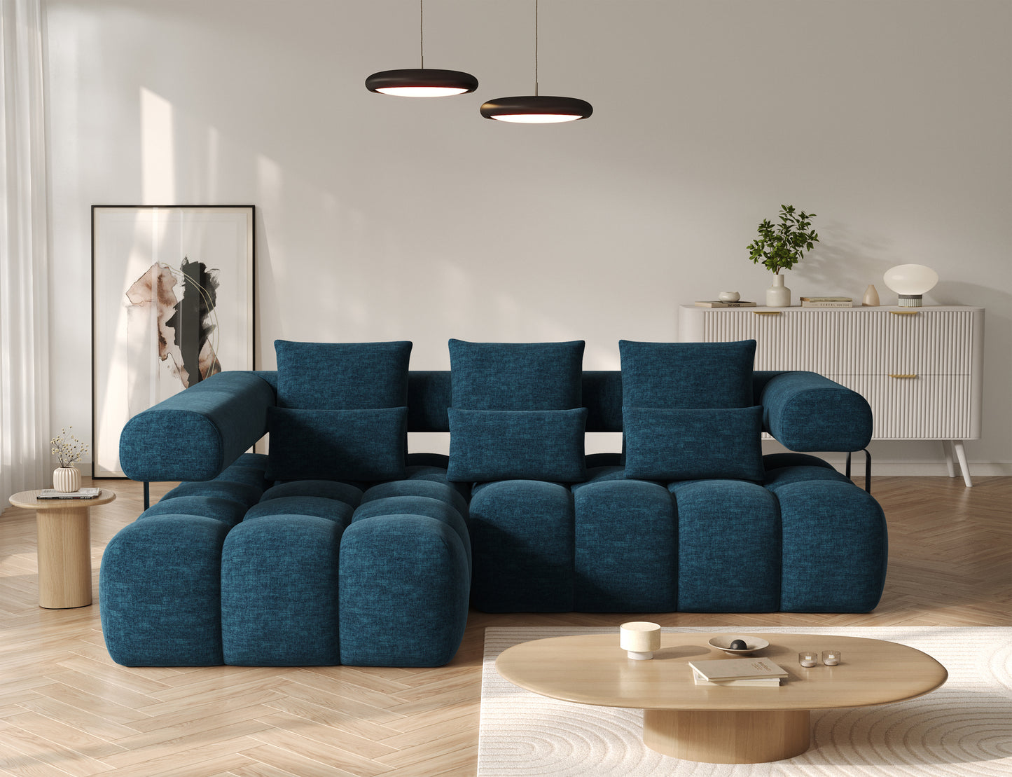 Narożnik Levvi lewy Manhattan 40 granatowy – elegancki narożnik tapicerowany o miękkiej formie, idealny do stylowego salonu.