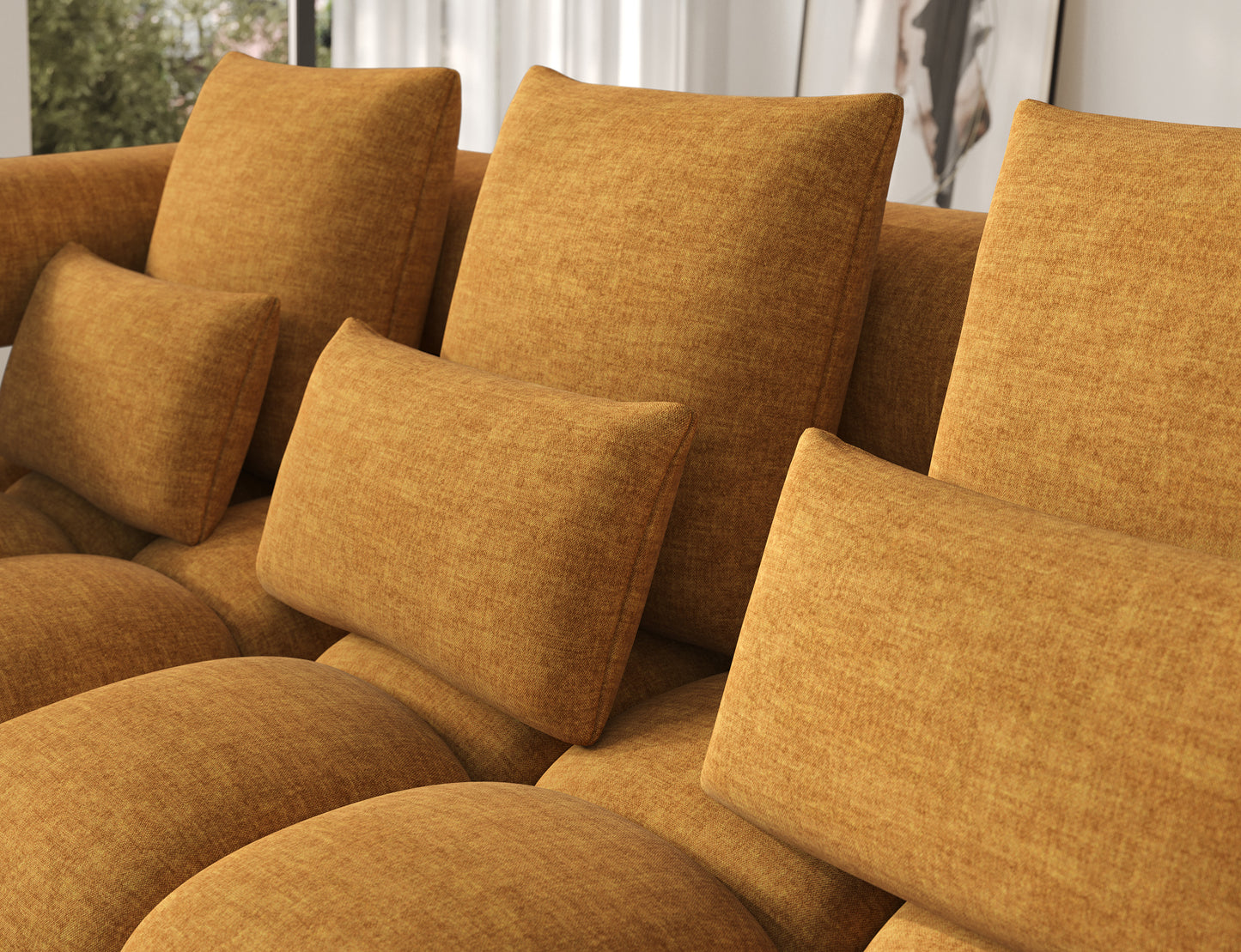 Ujęcie szczegółu narożnika Levvi lewego żółtego, tkanina Manhattan 45, gęsty splot i staranne wykończenie tapicerki.