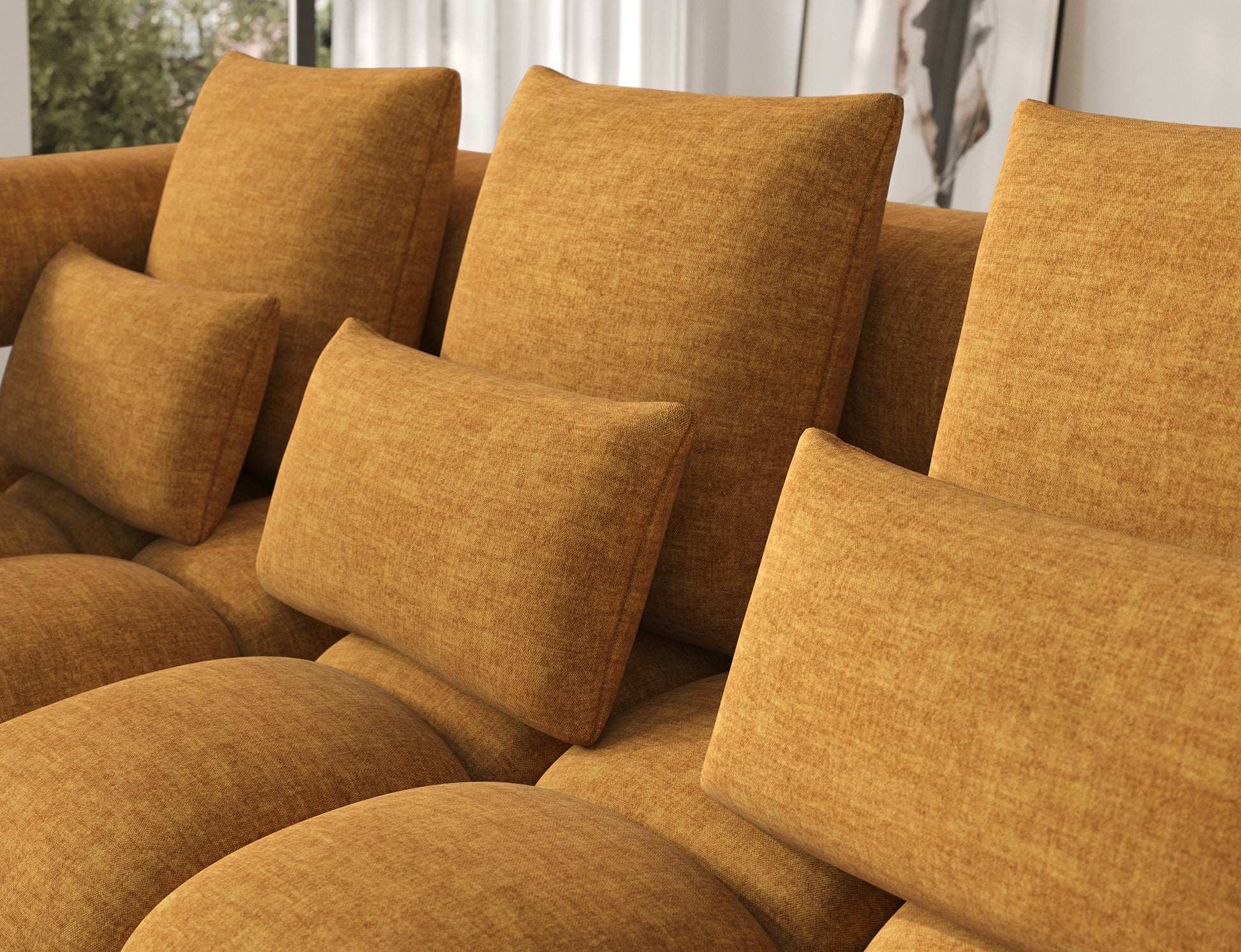 Ujęcie szczegółu narożnika Levvi lewego żółtego, tkanina Manhattan 45, gęsty splot i staranne wykończenie tapicerki.