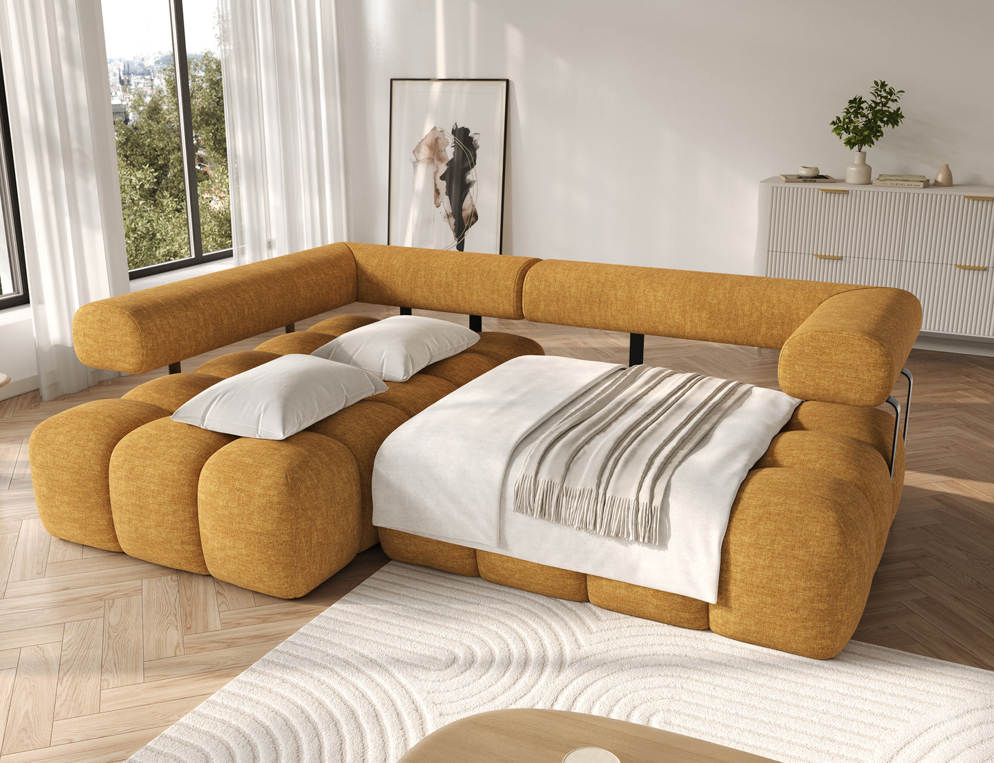 Narożnik Levvi lewy w tkaninie Manhattan 45 żółty, rozłożony do funkcji spania, widok w nowoczesnym salonie.