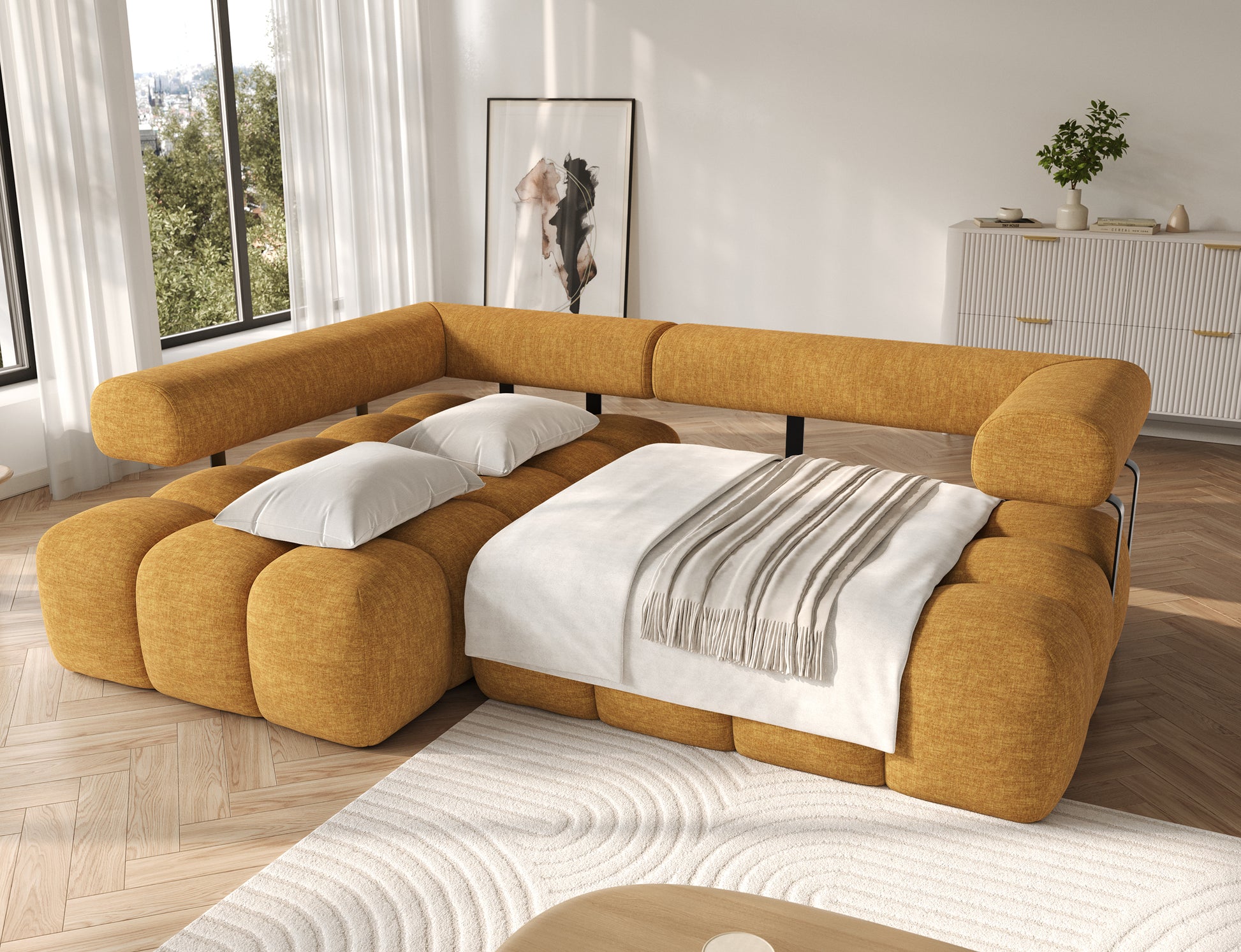 Narożnik Levvi lewy w tkaninie Manhattan 45 żółty, rozłożony do funkcji spania, widok w nowoczesnym salonie.