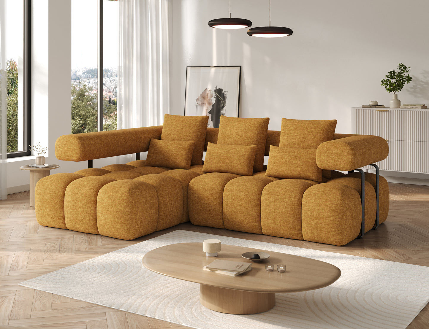 Narożnik Levvi lewy żółty w tkaninie Manhattan 45, ujęcie skośne, nowoczesny design i miękkie, geometryczne siedziska.