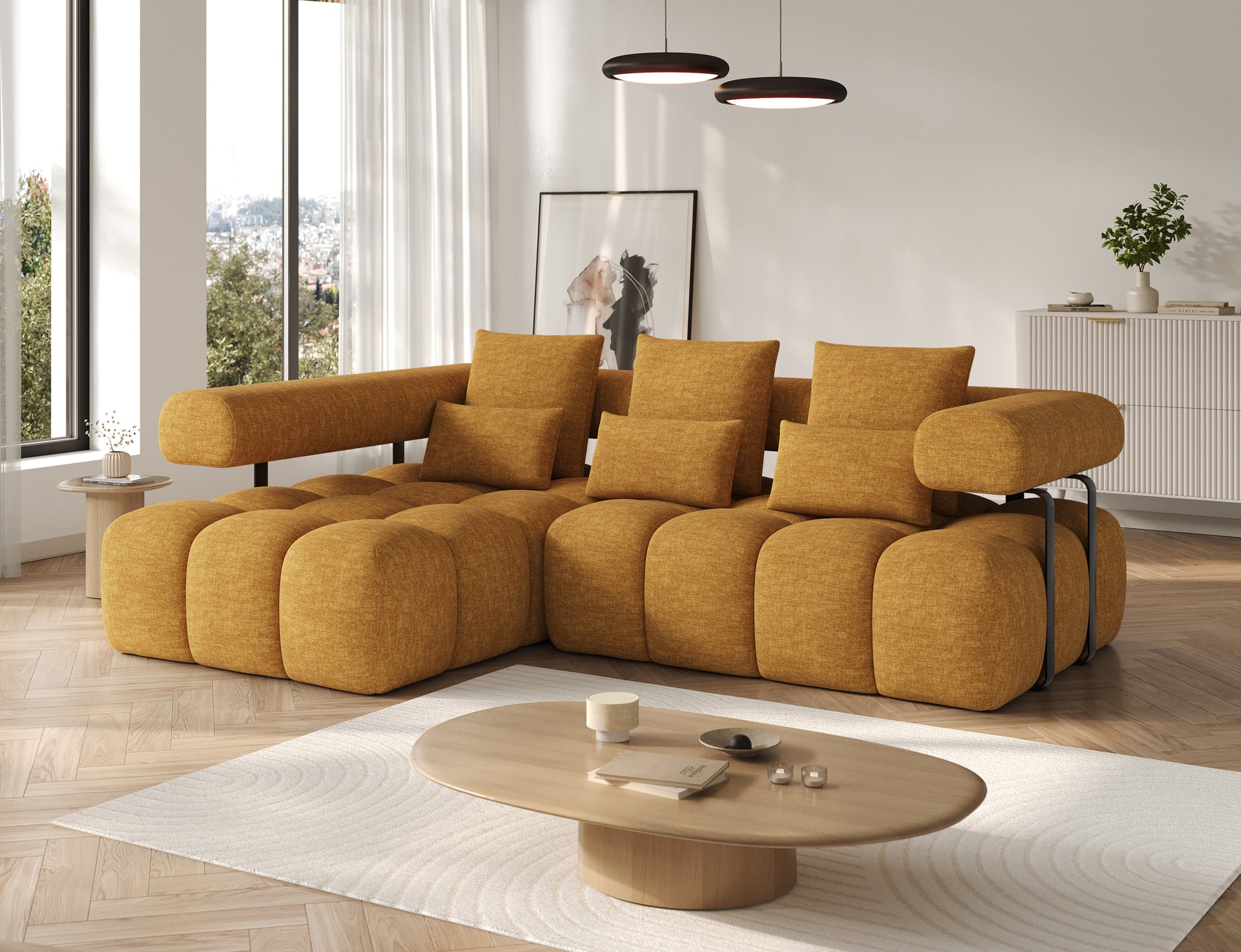 Narożnik Levvi lewy żółty w tkaninie Manhattan 45, ujęcie skośne, nowoczesny design i miękkie, geometryczne siedziska.