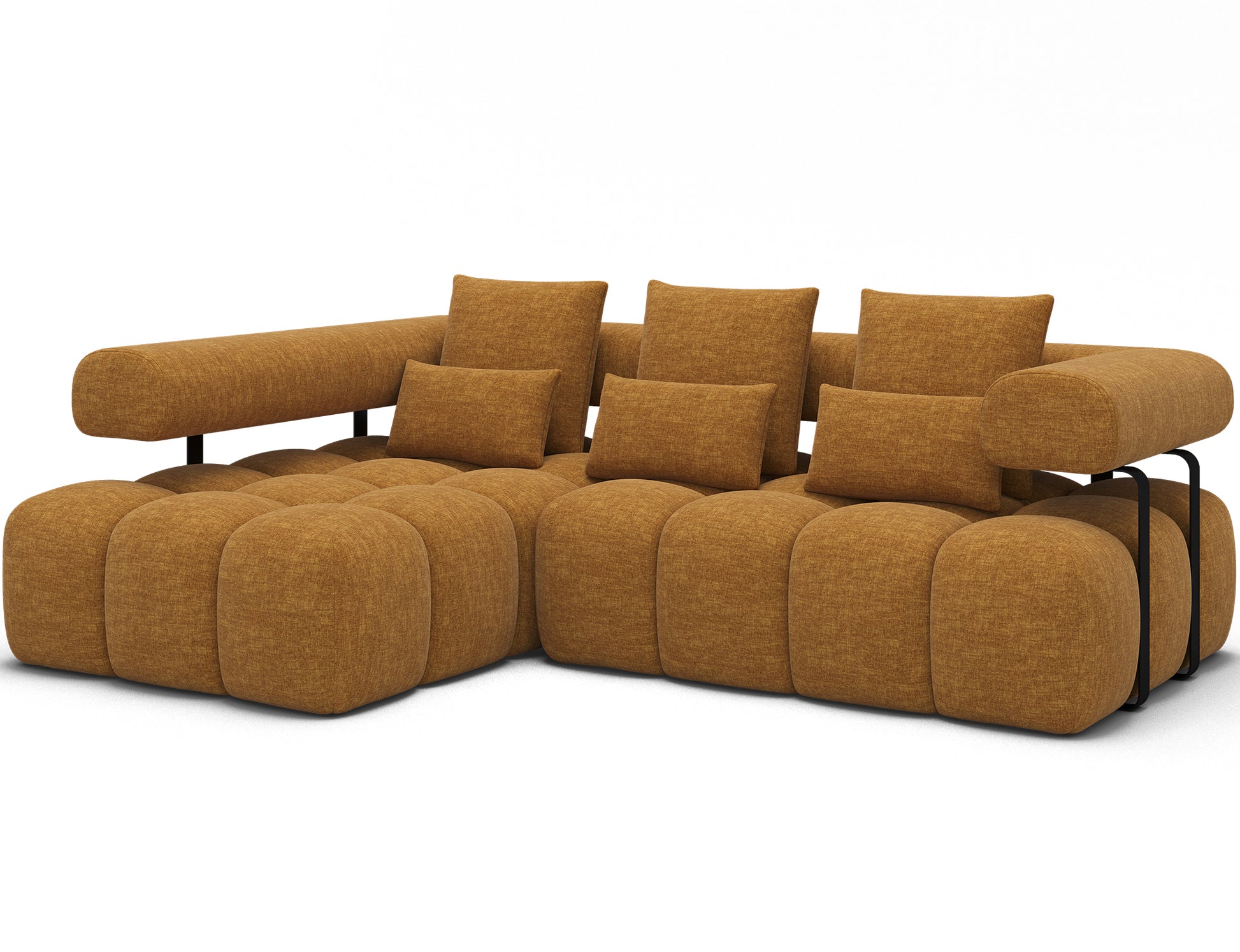 Narożnik Levvi lewy w tkaninie Manhattan 45 żółty, widok pod skosem, nowoczesna forma z zaokrąglonymi siedziskami.