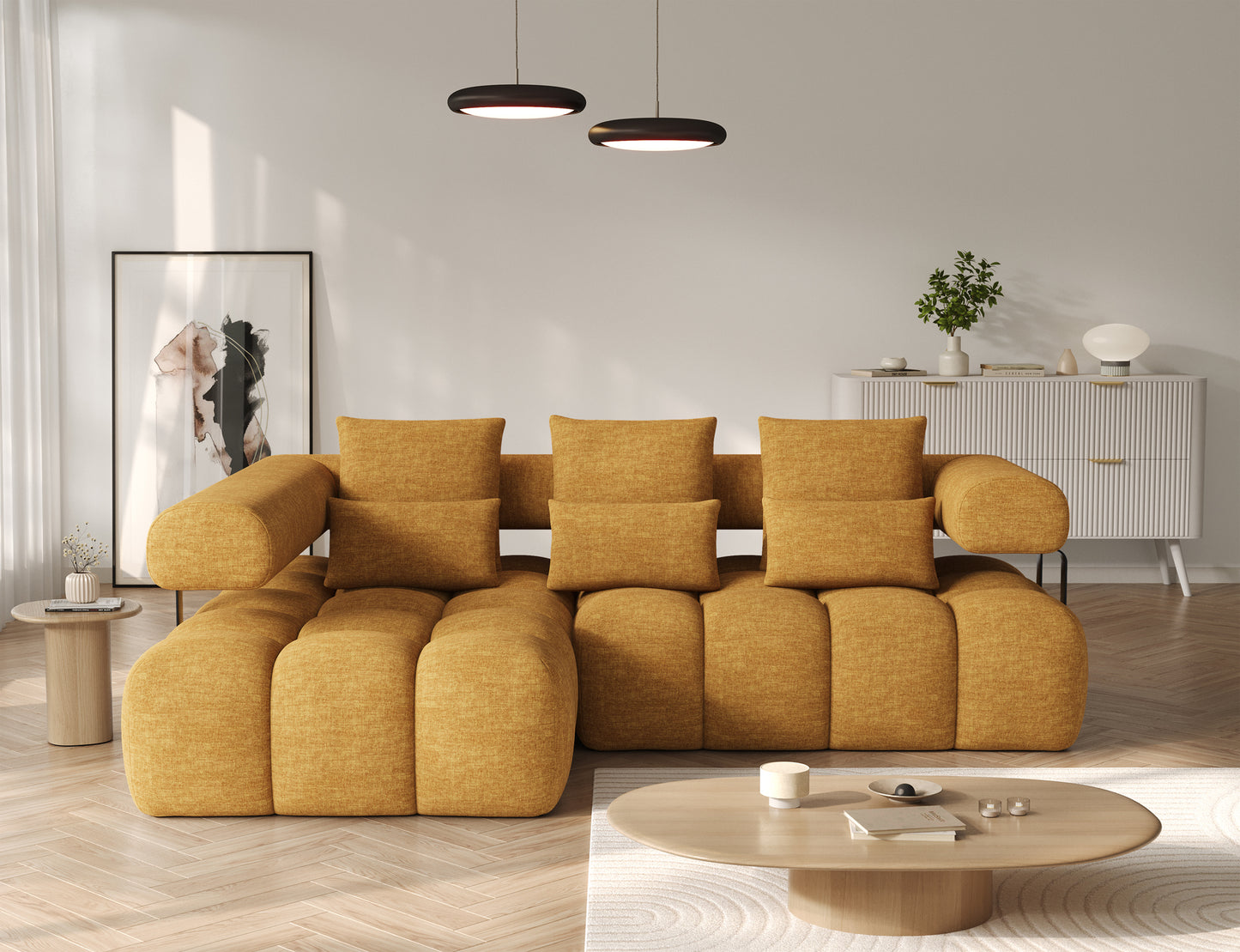 Narożnik Levvi lewy żółty w tkaninie Manhattan 45, widok frontalny, miękkie poduchy i metalowe nogi w czarnym kolorze.