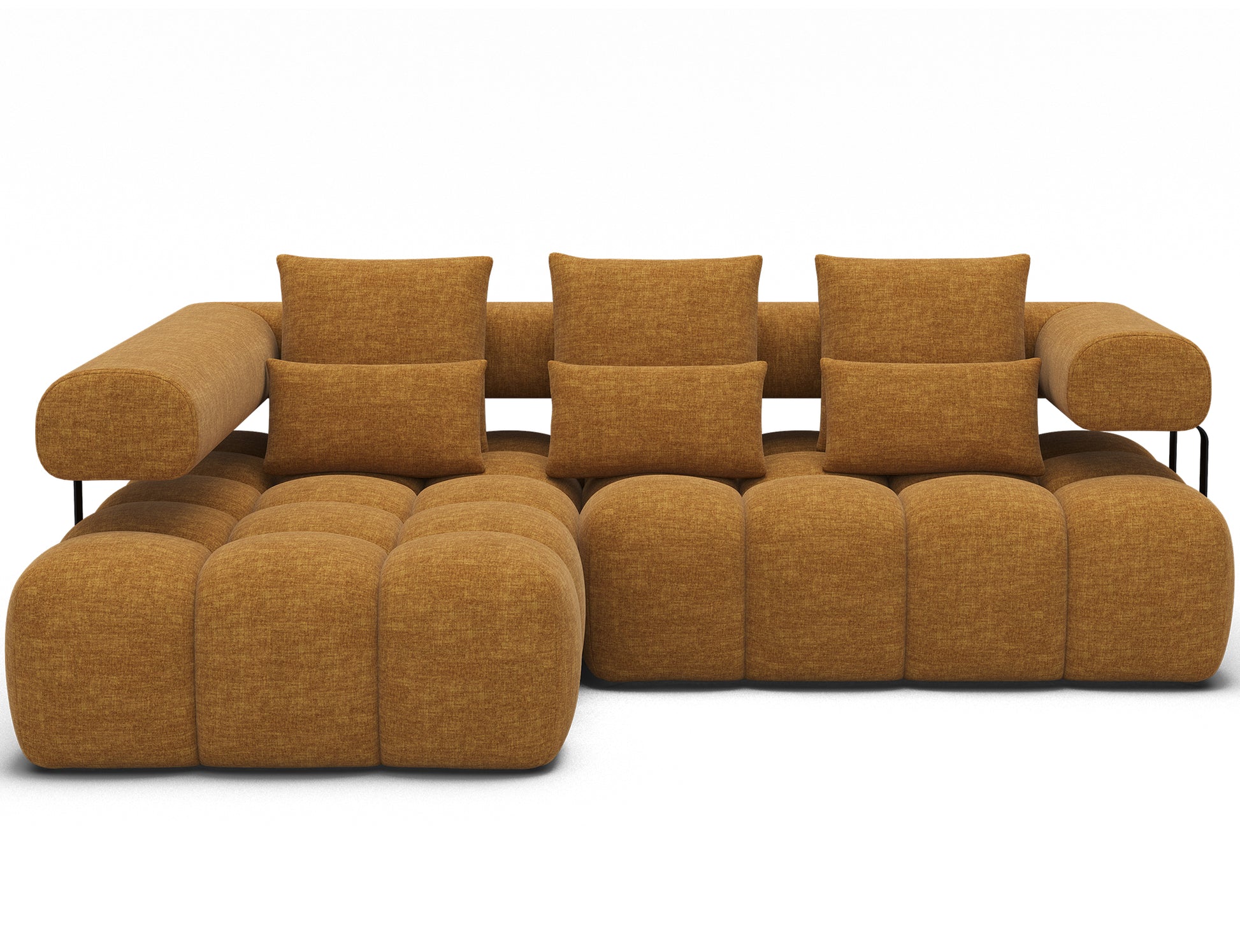 Frontowy widok narożnika Levvi lewego w tkaninie Manhattan 45 żółty, elegancki design i nowoczesne proporcje mebla.