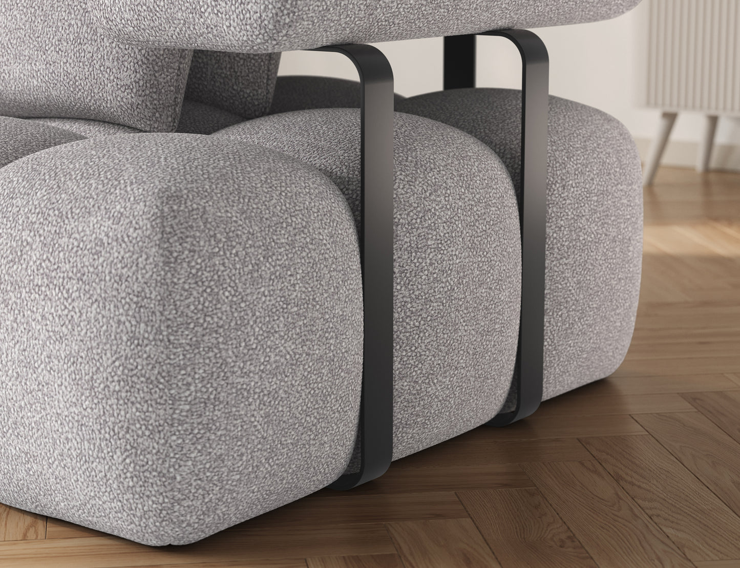 Zbliżenie narożnika Levvi lewy Paolli 04 szary – widoczna jakość materiału i nowoczesne wykończenie metalowych elementów.