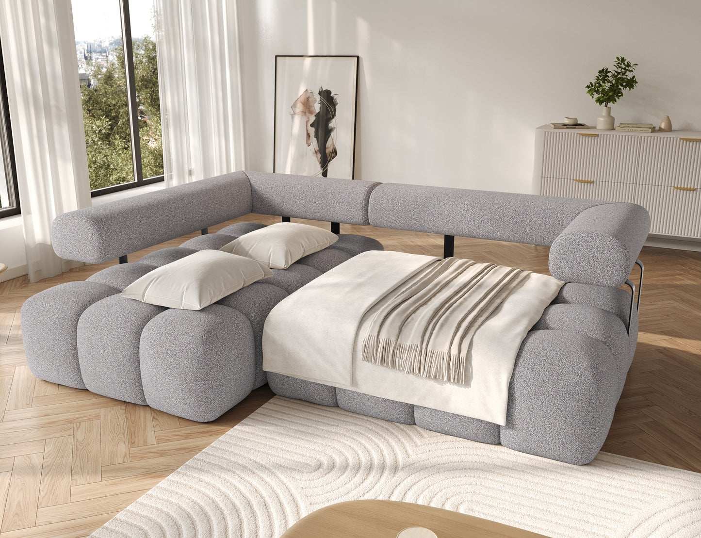 Narożnik Levvi lewy Paolli 04 szary z funkcją spania – wygodne miejsce do odpoczynku w eleganckiej, neutralnej kolorystyce.