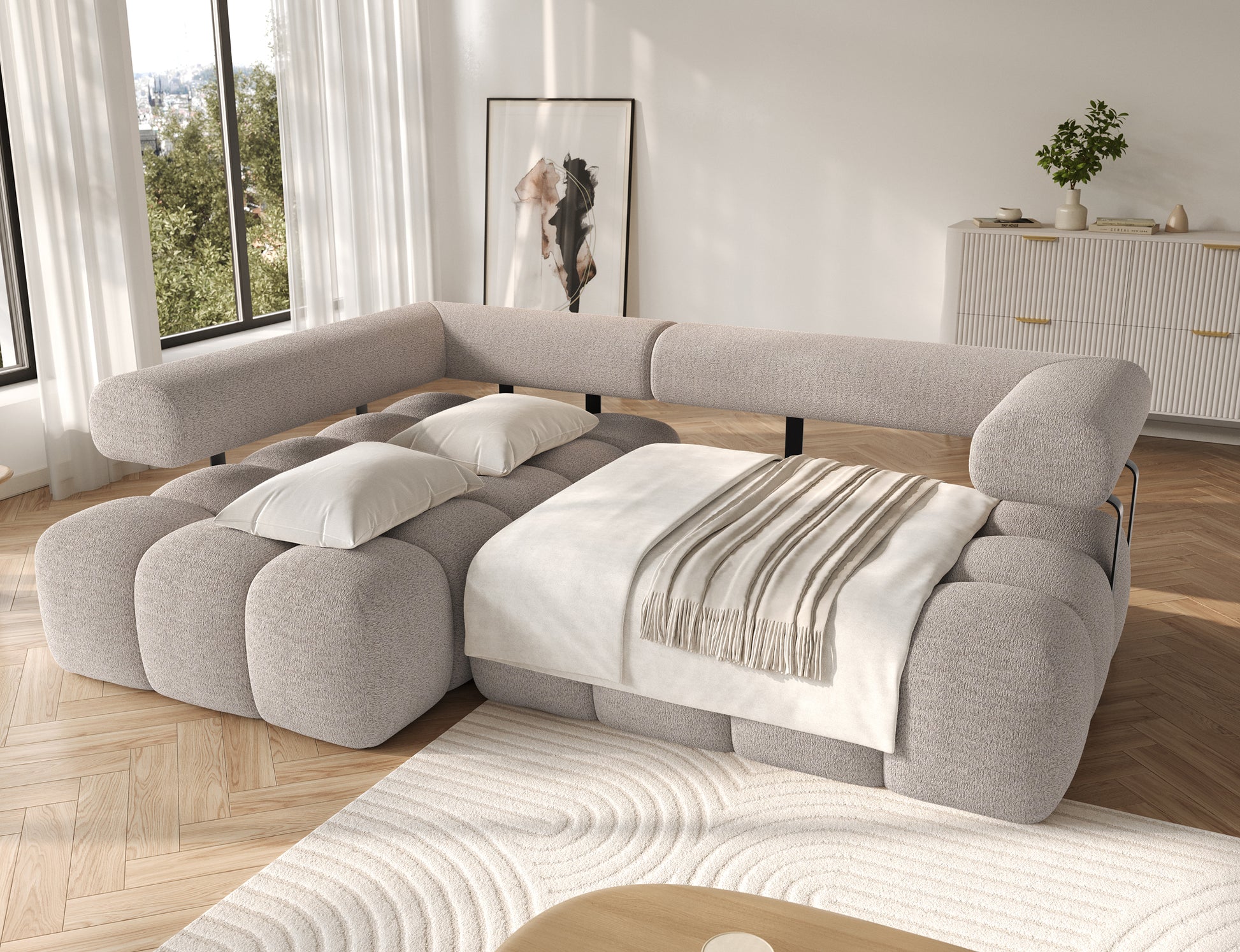 Narożnik Levvi lewy Royal 18 jasnobeżowy miękka boucle, rozłożony w funkcji spania Relax, posłanie 187×110 cm w eleganckiej aranżacji.