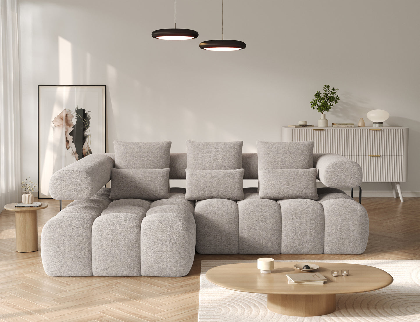 Narożnik Levvi lewy Royal 18 jasnobeżowy miękka boucle, widok od frontu, elegancka sofa do salonu z funkcją spania Relax.