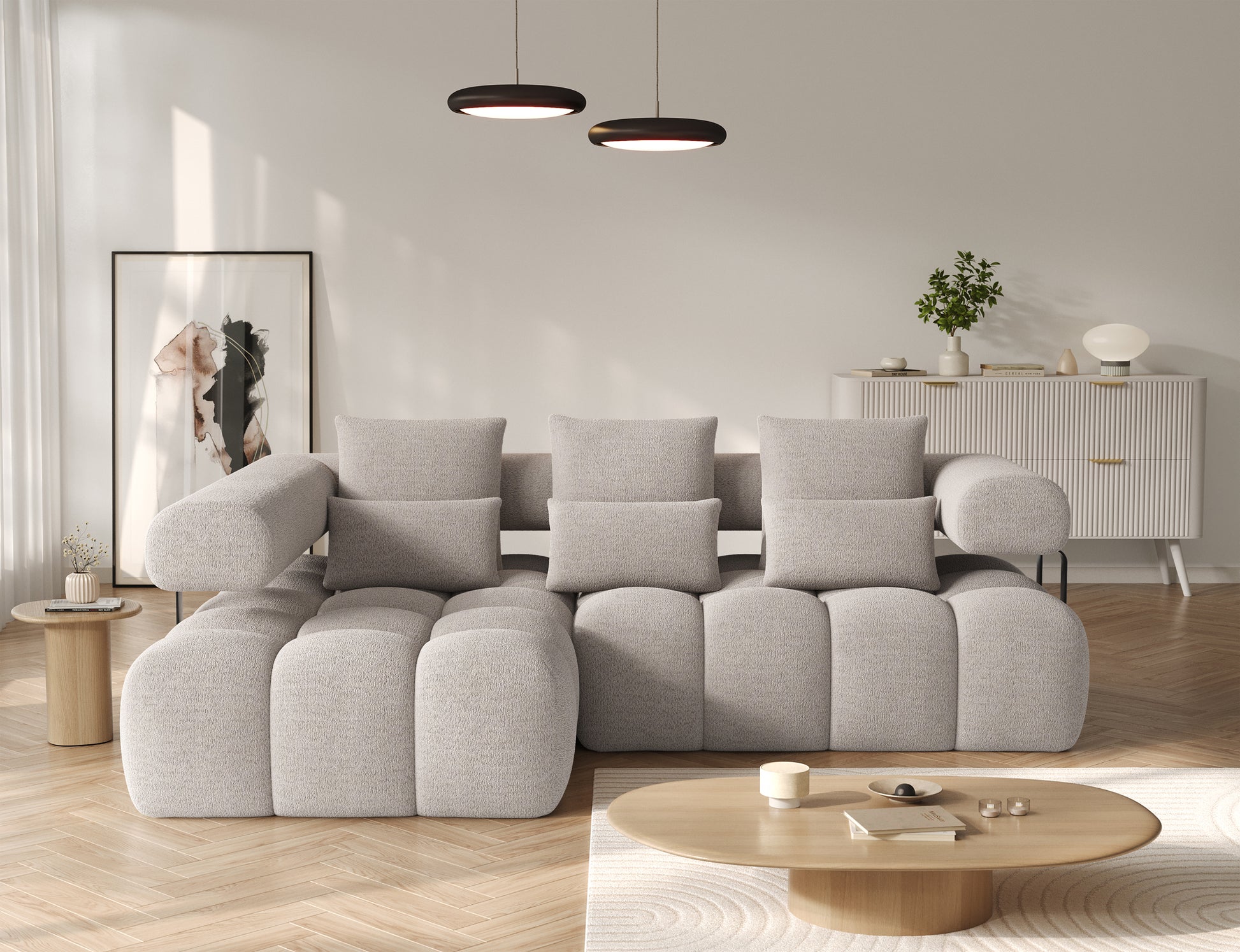 Narożnik Levvi lewy Royal 18 jasnobeżowy miękka boucle, widok od frontu, elegancka sofa do salonu z funkcją spania Relax.