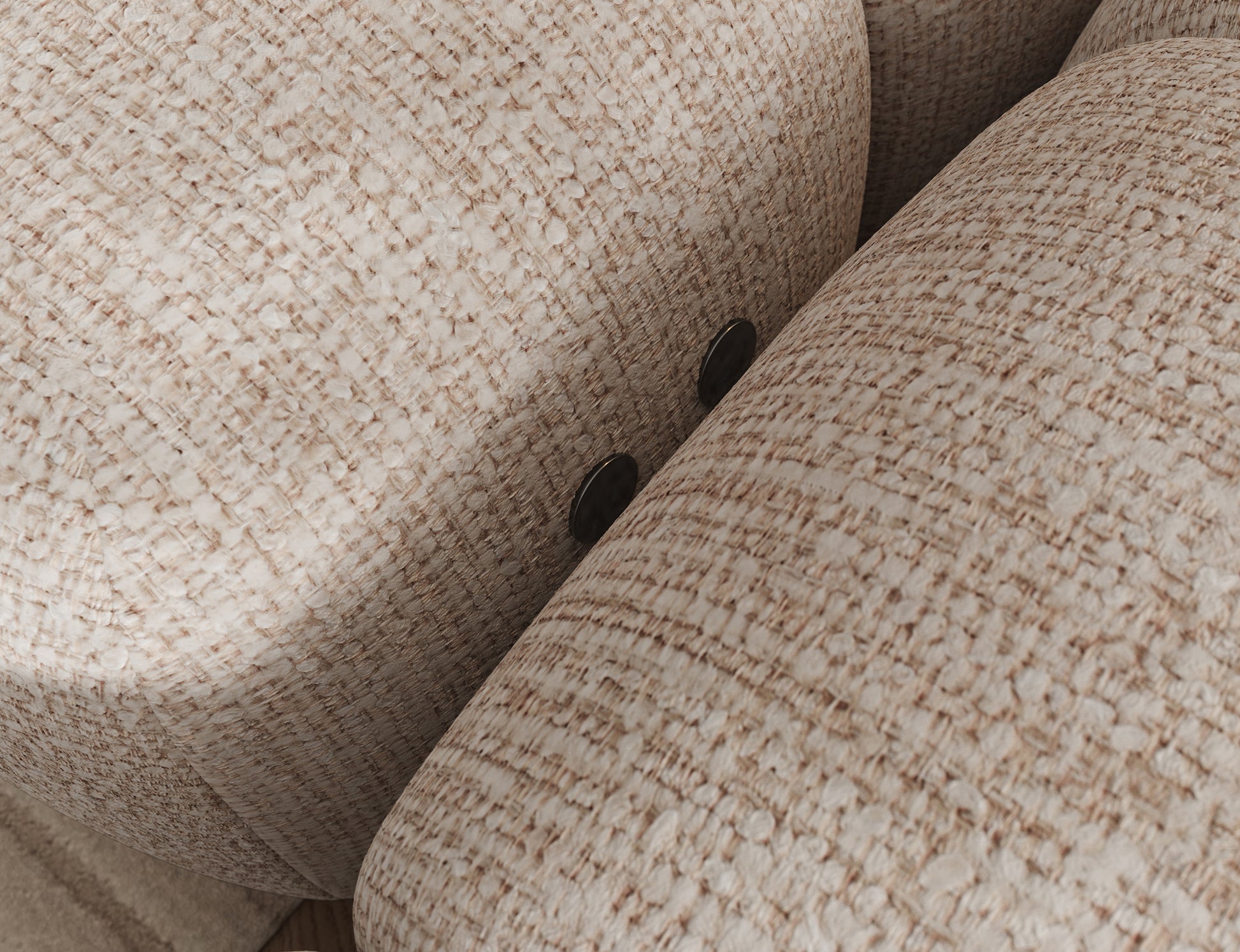 Przyciski sterujące funkcją Relax w narożniku Levvi prawym – detal w tkaninie Bazalt 18 beżowy, nowoczesne wykończenie tapicerowanego mebla