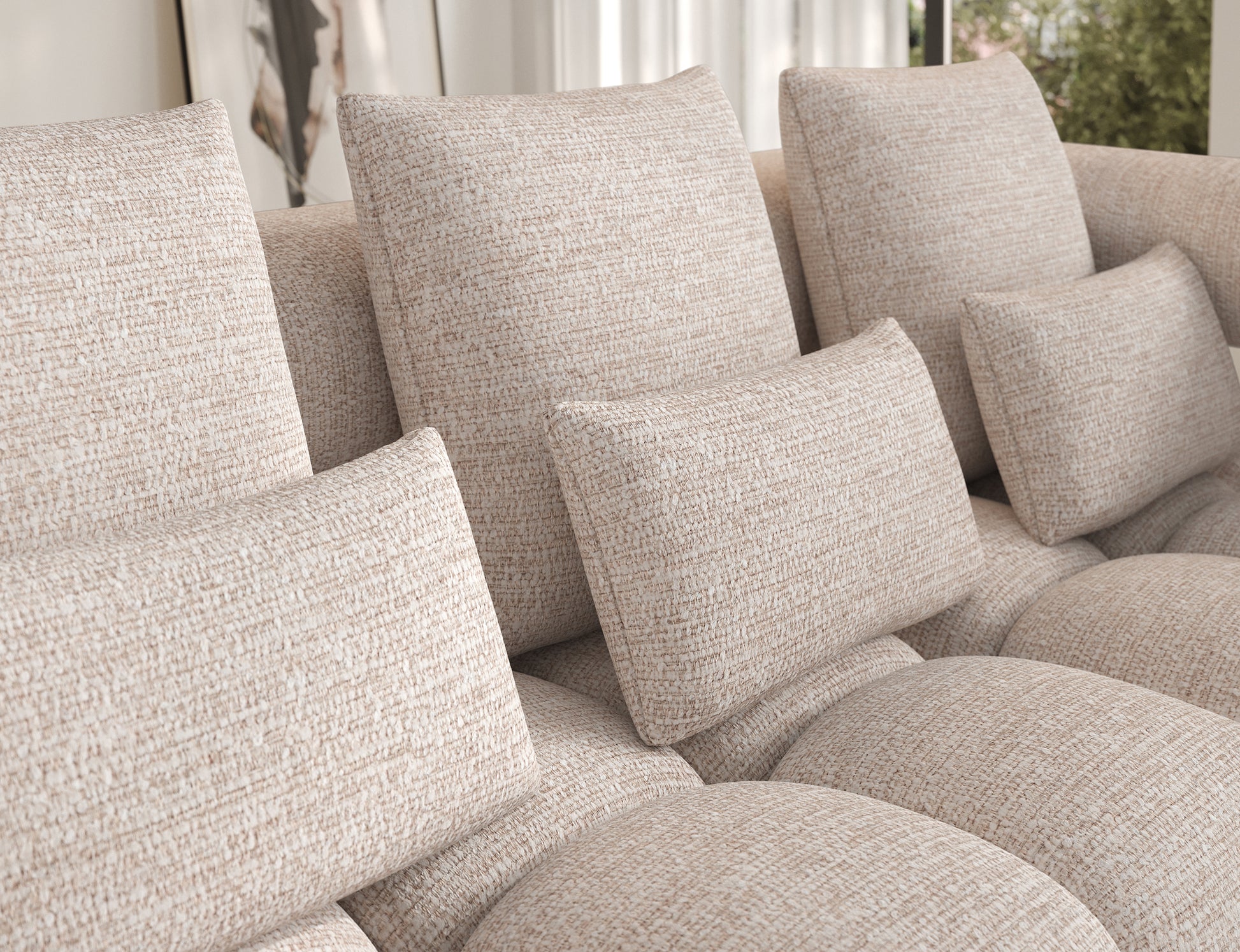 Oparcie narożnika Levvi prawy w tkaninie Bazalt 18 beżowy – detal poduszek i tapicerki, elegancki mebel z funkcją Relax do nowoczesnego salonu