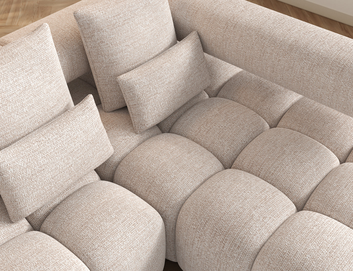 Siedzisko narożnika Levvi prawy w tkaninie Bazalt 18 beżowy – komfortowy detal z mechanizmem Relax i sprężystym wypełnieniem tapicerki