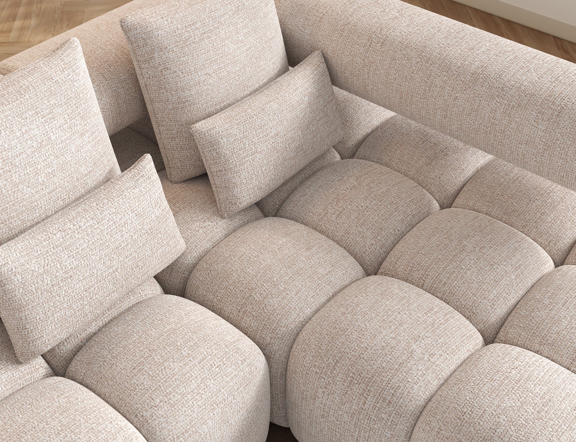 Siedzisko narożnika Levvi prawy w tkaninie Bazalt 18 beżowy – komfortowy detal z mechanizmem Relax i sprężystym wypełnieniem tapicerki