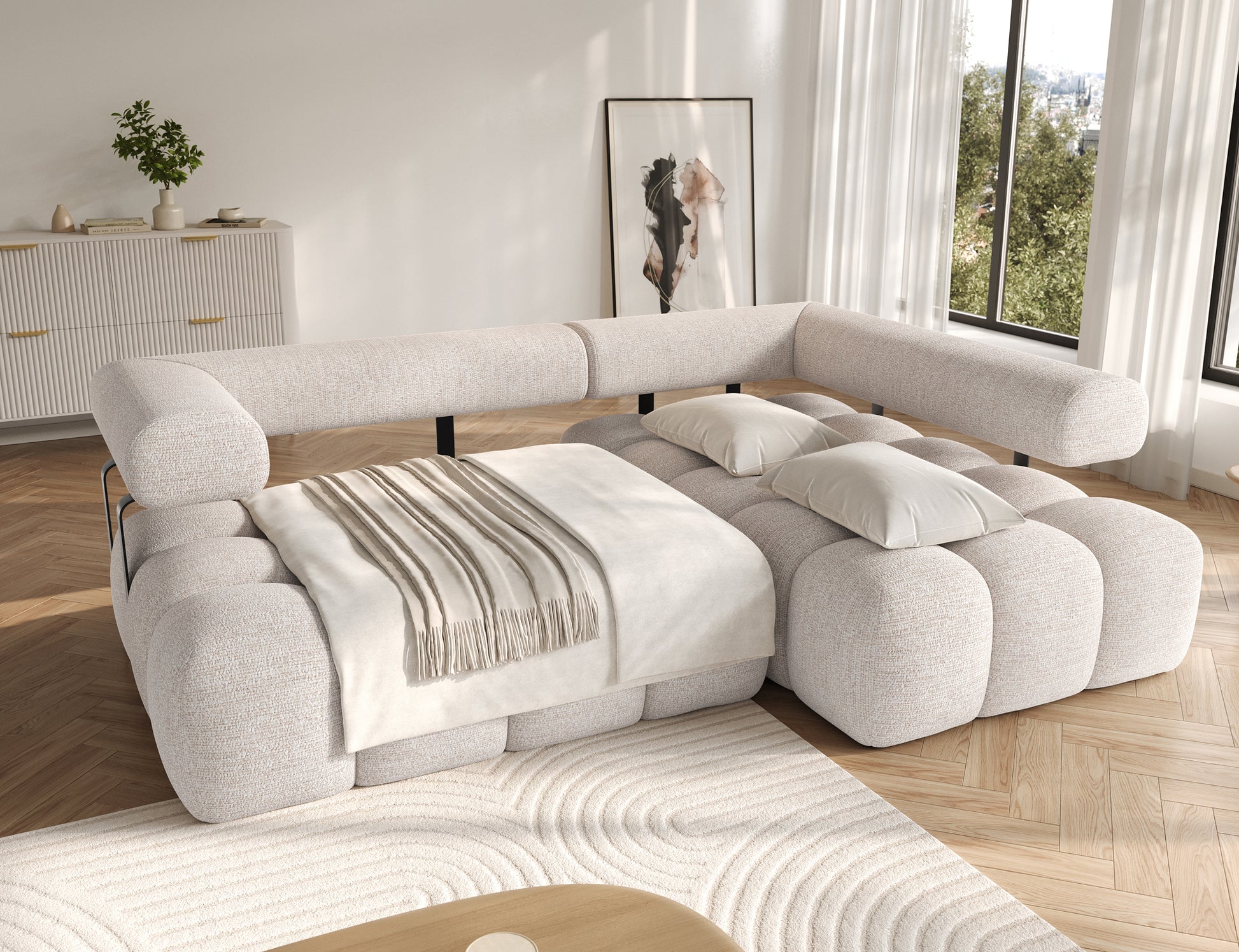 Narożnik Levvi prawy w tkaninie Bazalt 18 beżowy – rozłożona funkcja spania z mechanizmem Relax, elegancka aranżacja do komfortowego salonu