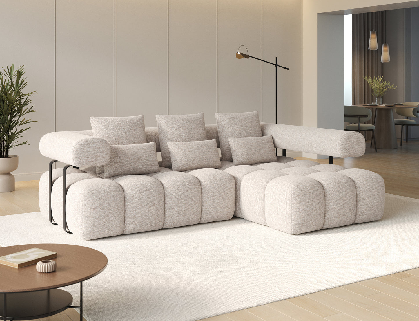 Narożnik Levvi prawy w tkaninie Bazalt 18 beżowy – aranżacja nowoczesnego salonu, funkcja Relax, elegancki design w jasnym wnętrzu