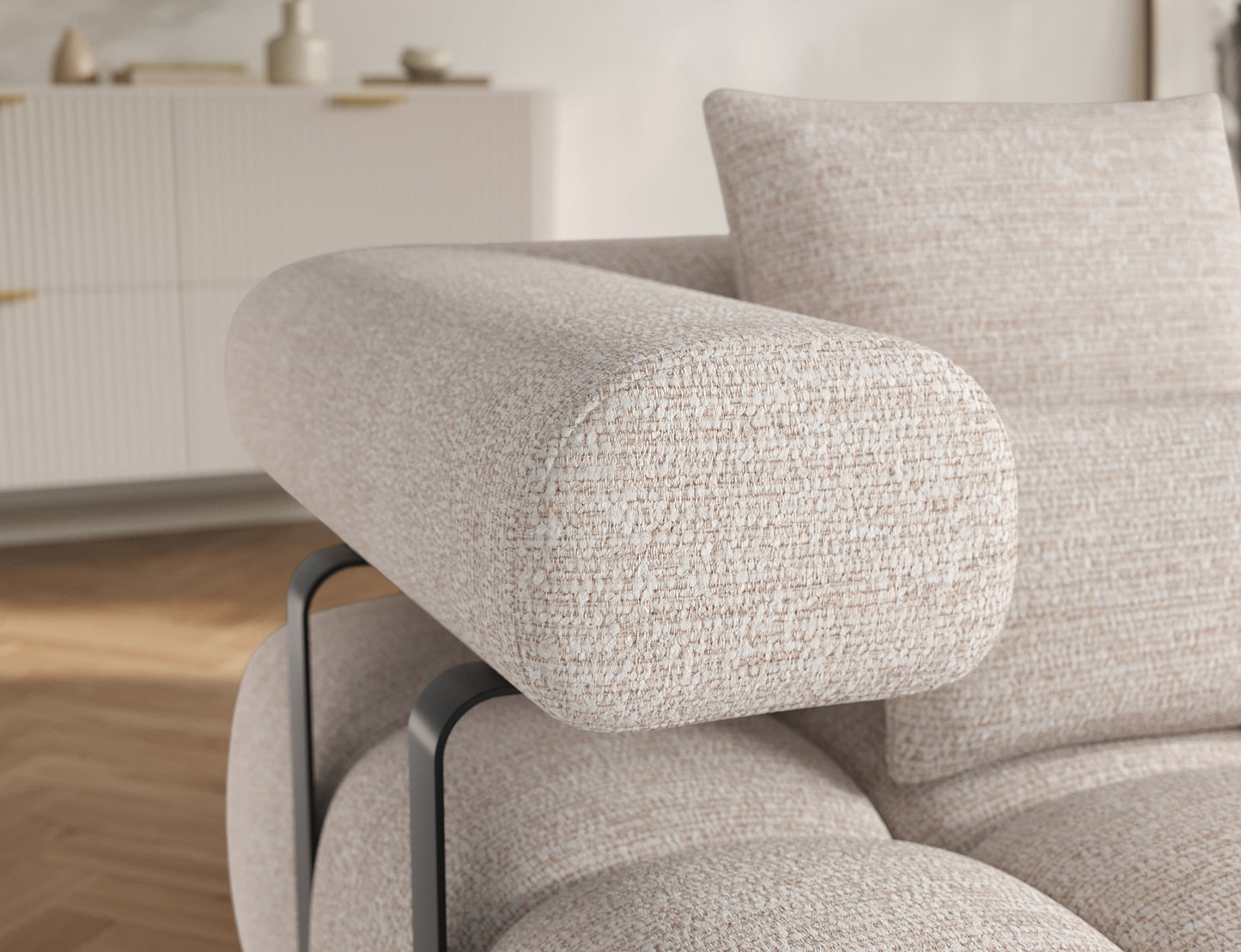 Podłokietnik narożnika Levvi prawy w tkaninie Bazalt 18 beżowy – detal tapicerki i konstrukcji, nowoczesny styl z funkcją Relax