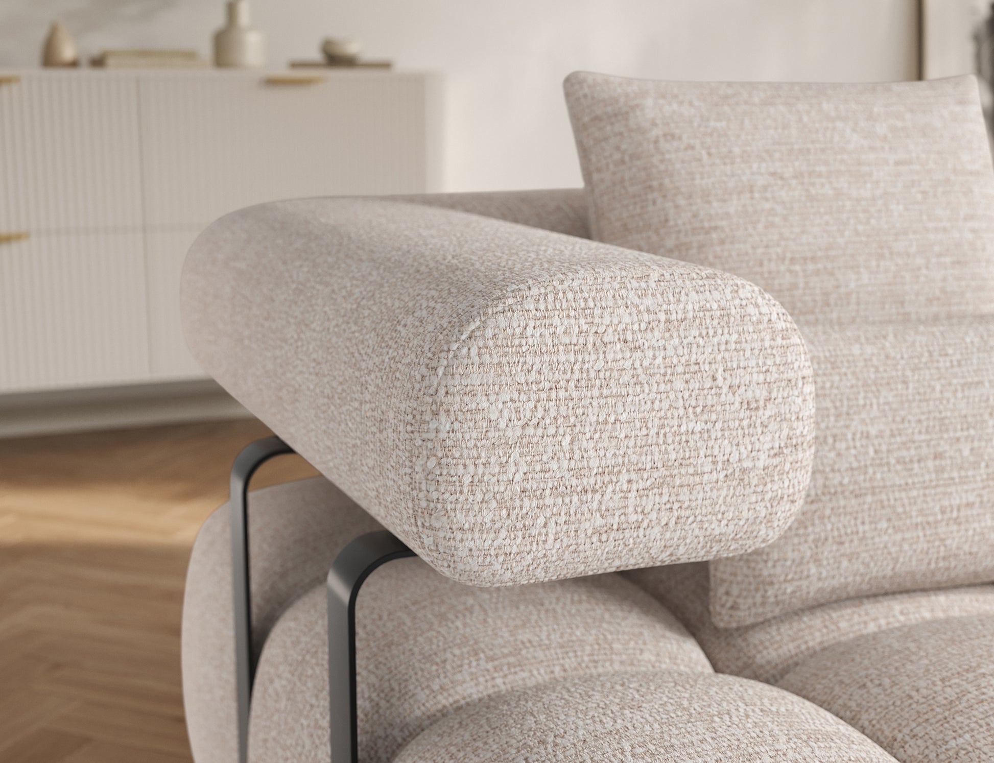 Podłokietnik narożnika Levvi prawy w tkaninie Bazalt 18 beżowy – detal tapicerki i konstrukcji, nowoczesny styl z funkcją Relax