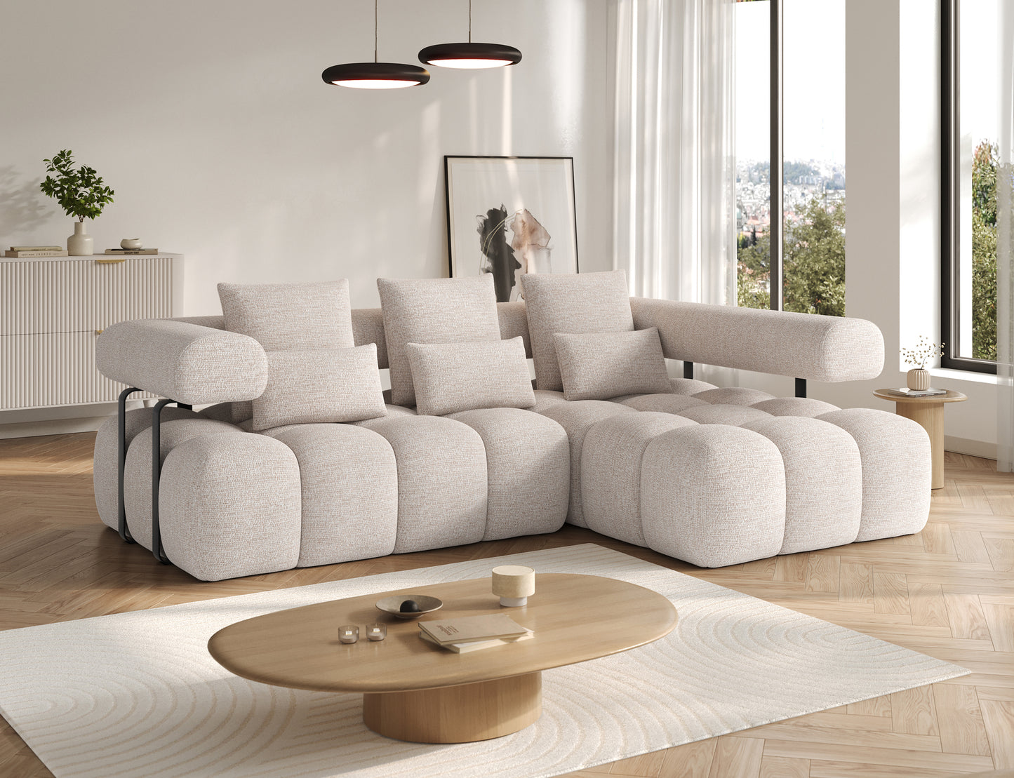 Narożnik Levvi prawy w tkaninie Bazalt 18 beżowy – aranżacja salonu z narożnikiem tapicerowanym i funkcją Relax w eleganckim stylu