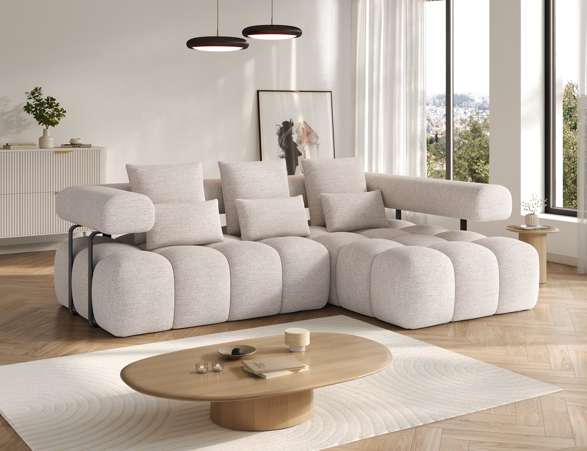 Narożnik Levvi prawy w tkaninie Bazalt 18 beżowy – aranżacja salonu z narożnikiem tapicerowanym i funkcją Relax w eleganckim stylu