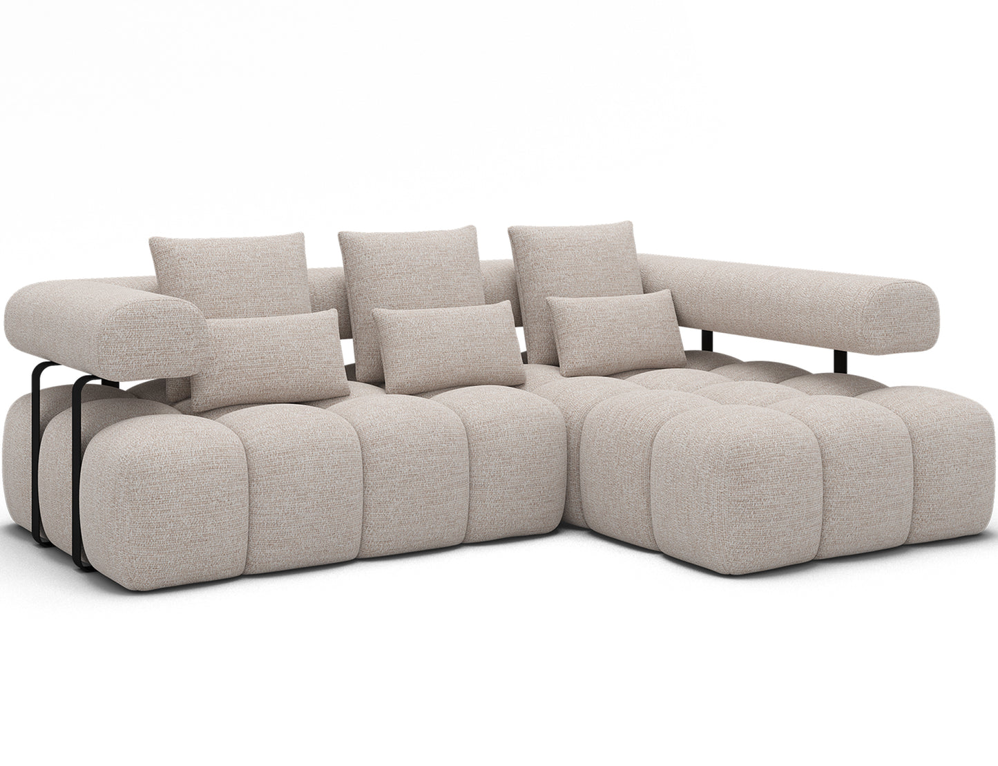 Narożnik Levvi prawy w tkaninie Bazalt 18 beżowy z funkcją Relax – widok skośny eleganckiego mebla w nowoczesnym stylu do salonu