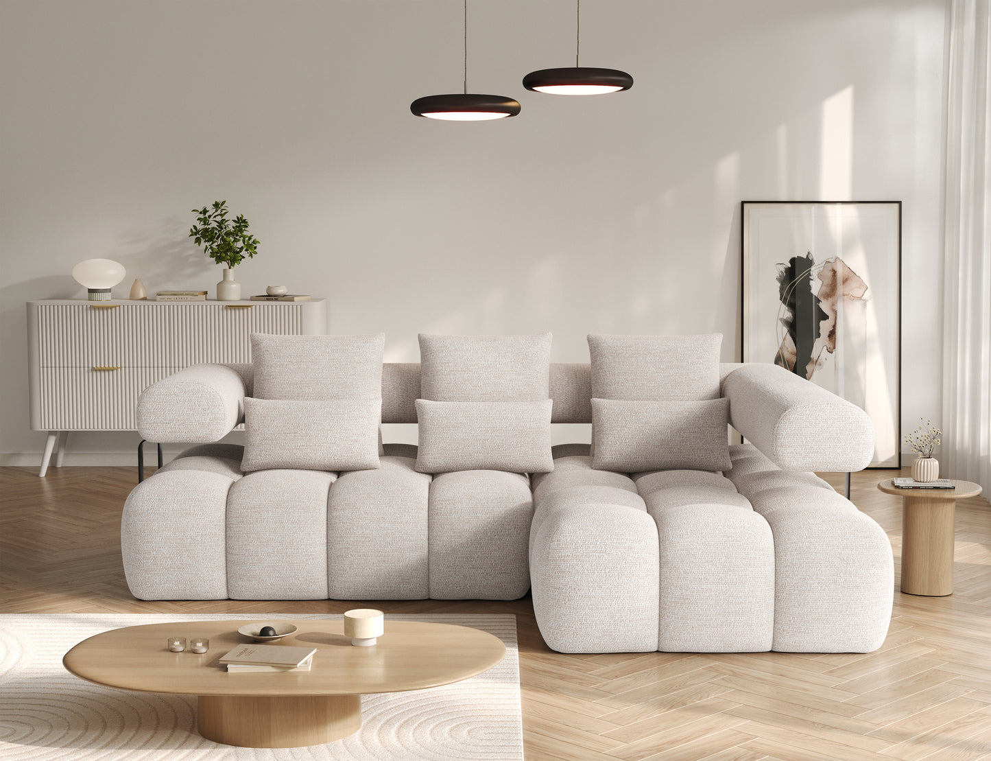 Narożnik Levvi prawy w tkaninie Bazalt 18 beżowy – widok na wprost narożnika z funkcją Relax, nowoczesny design do aranżacji salonu