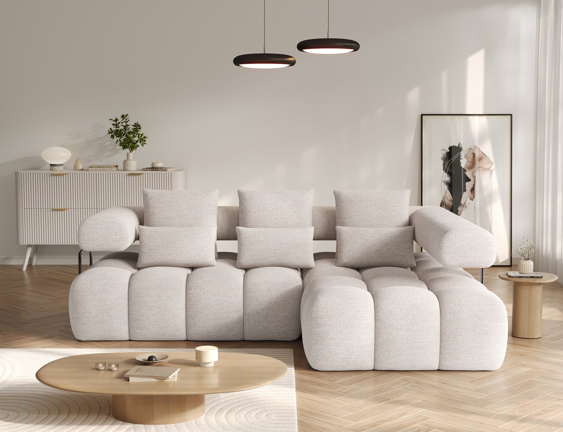 Narożnik Levvi prawy w tkaninie Bazalt 18 beżowy – widok na wprost narożnika z funkcją Relax, nowoczesny design do aranżacji salonu