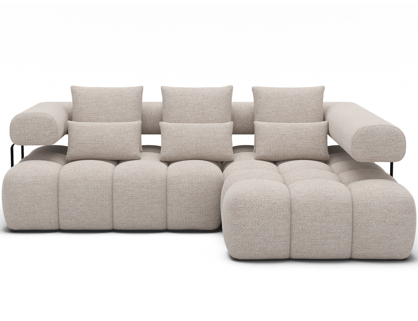 Narożnik Levvi prawy beżowy w tkaninie Bazalt 18 – aranżacja w salonie, elegancki narożnik tapicerowany z funkcją Relax i poduszkami