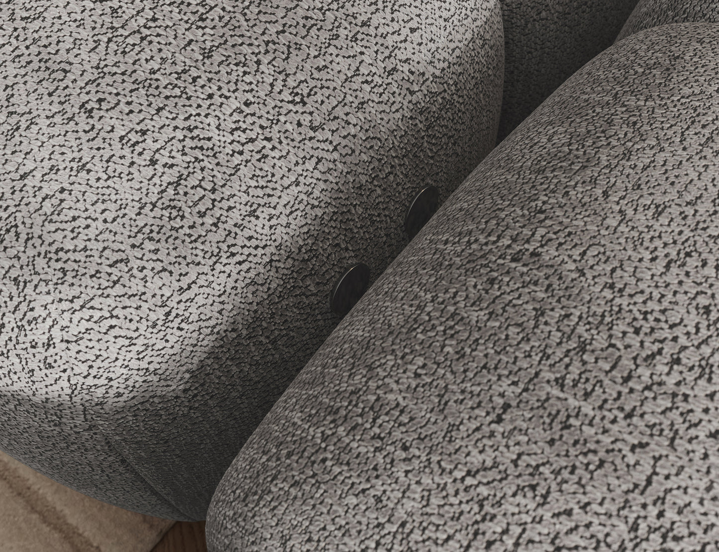 Zbliżenie na przyciski funkcji Relax w narożniku Levvi prawym ELTAP, tkanina boucle Coralline 03 szaro-czarna.