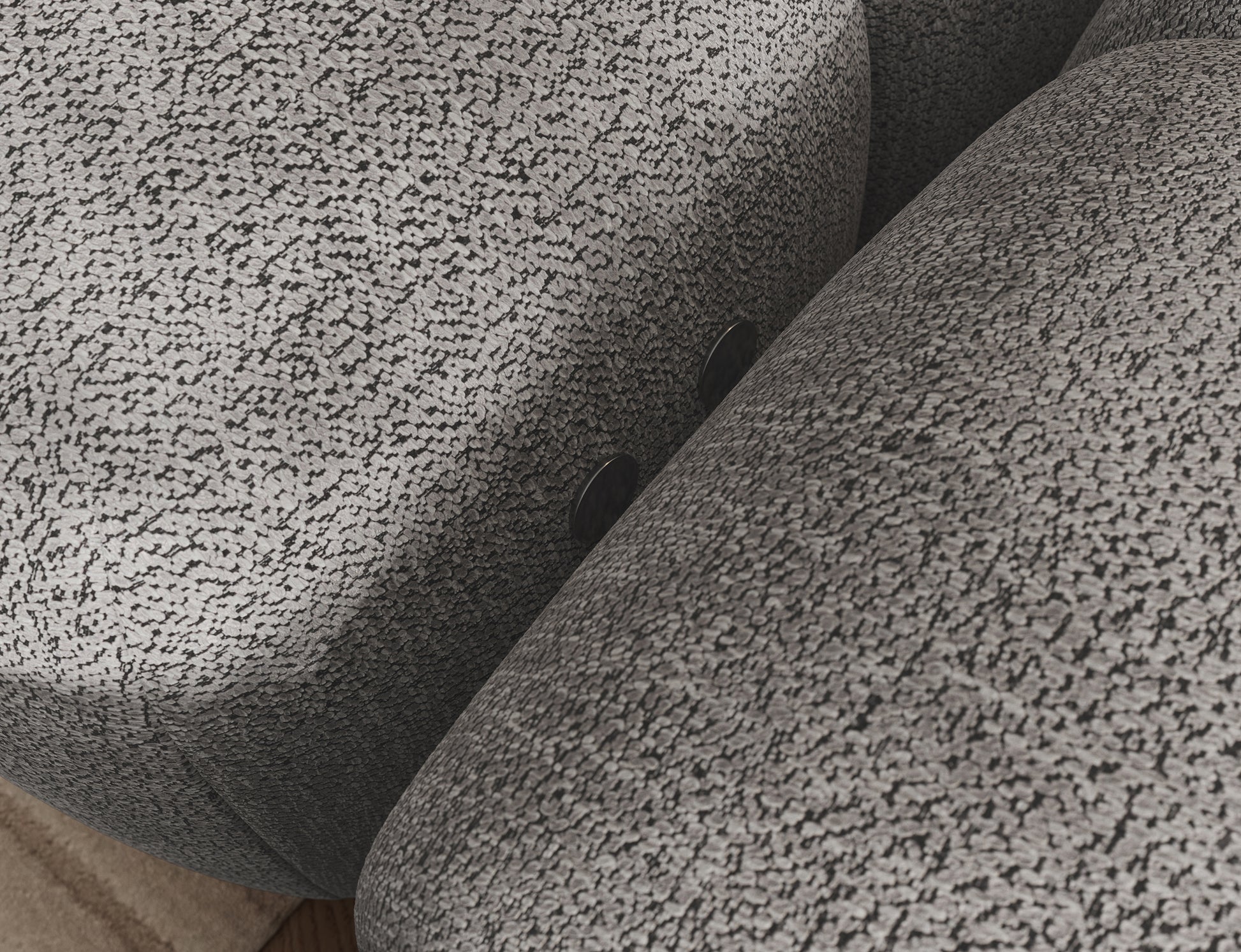 Zbliżenie na przyciski funkcji Relax w narożniku Levvi prawym ELTAP, tkanina boucle Coralline 03 szaro-czarna.