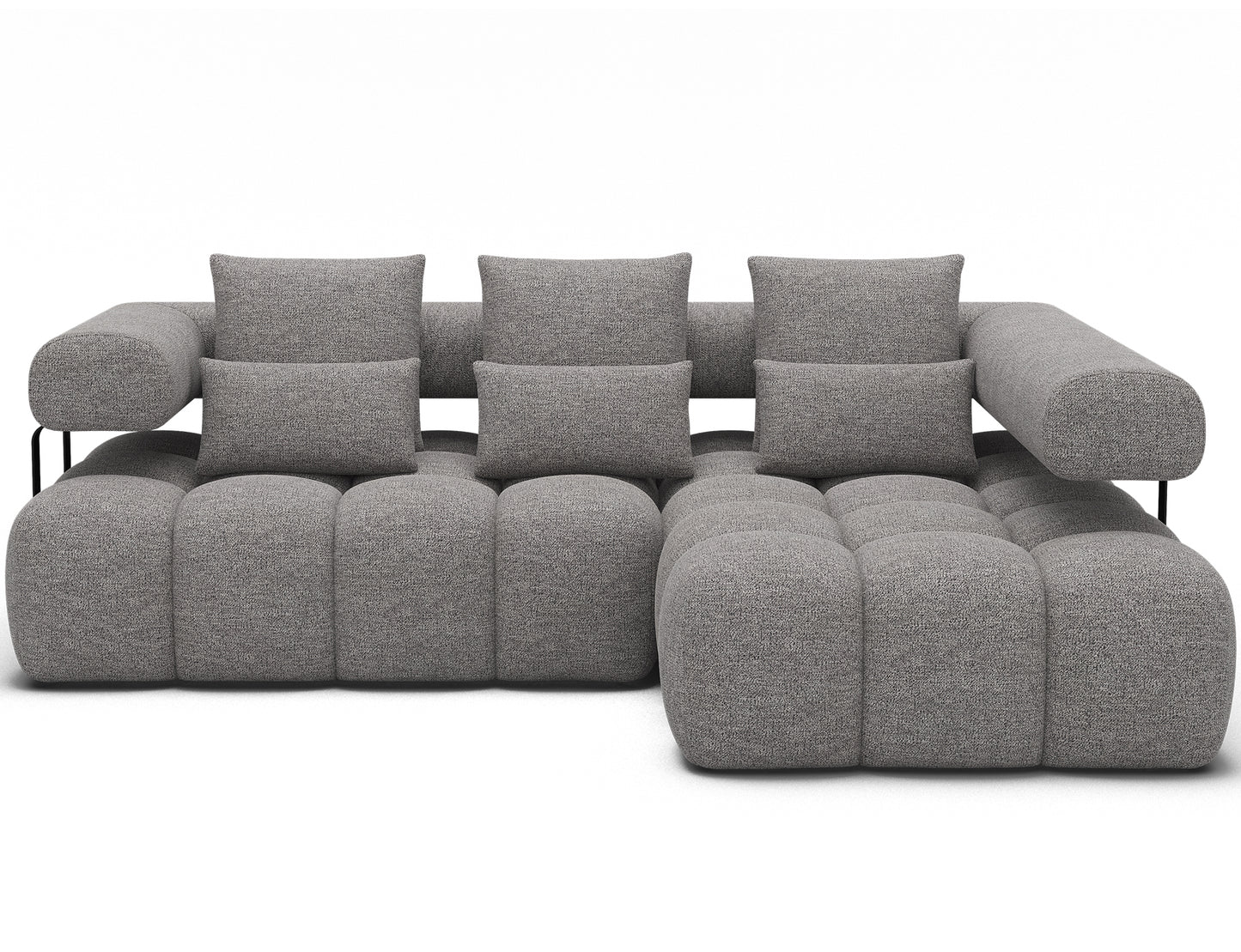 Nowoczesny narożnik prawy Levvi ELTAP w tkaninie Coralline 03 szaro-czarnej, widok od przodu, czarne metalowe nogi.