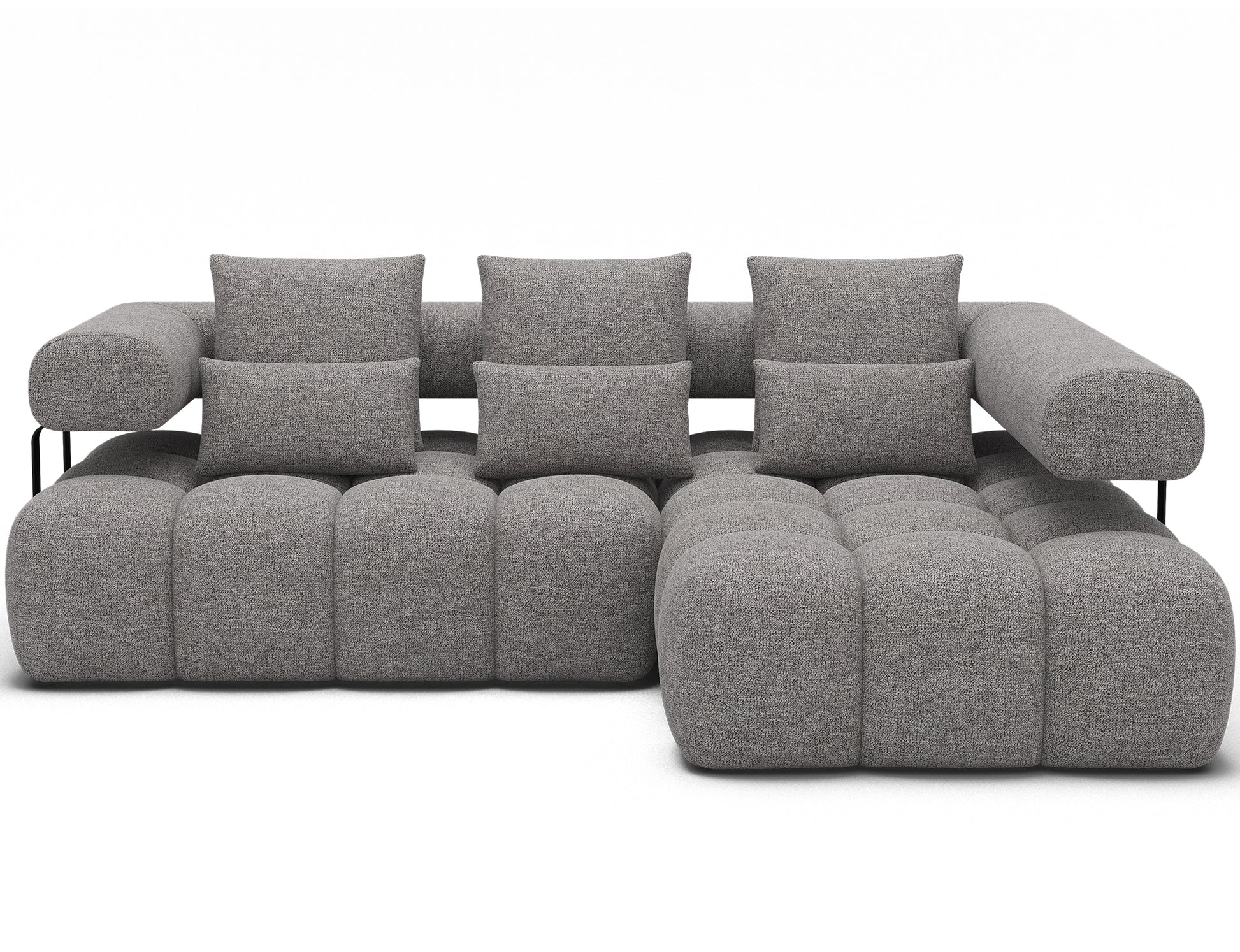 Nowoczesny narożnik prawy Levvi ELTAP w tkaninie Coralline 03 szaro-czarnej, widok od przodu, czarne metalowe nogi.