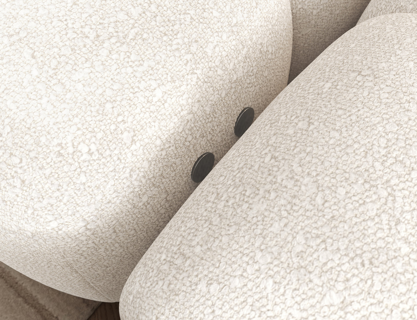 Detal tkaniny boucle narożnika Levvi prawy Jaffray 01 w bieli – miękka, przyjemna w dotyku faktura i staranne wykończenie.