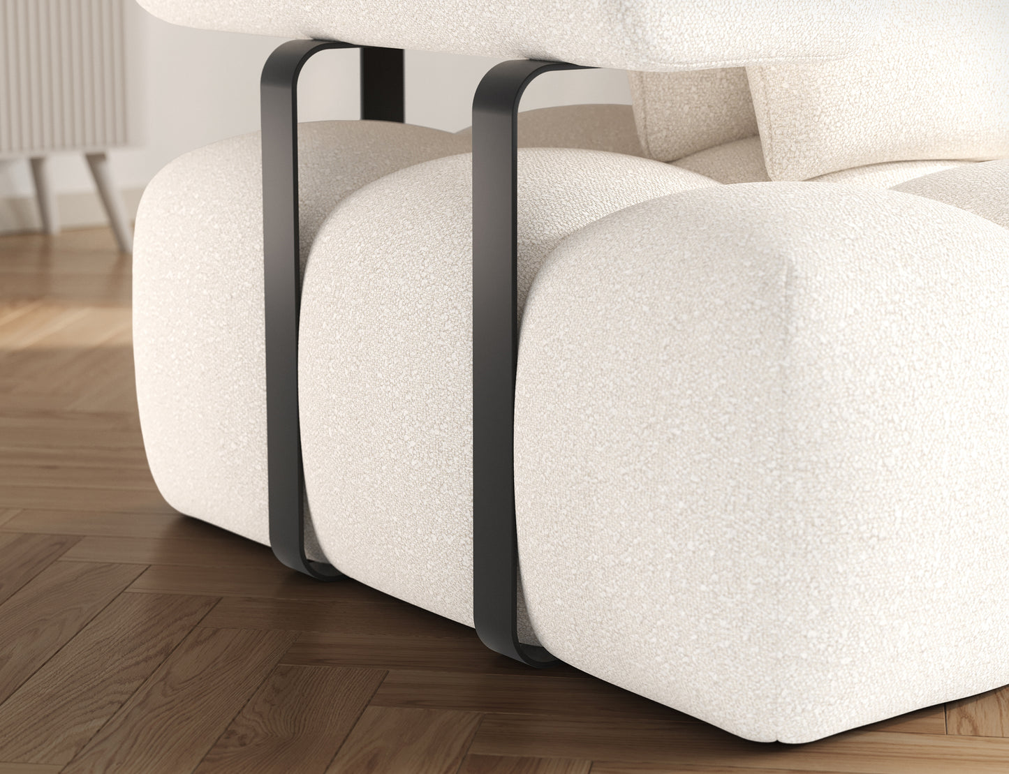 Zbliżenie na metalowe elementy konstrukcji narożnika Levvi prawy Jaffray 01 – solidne wykonanie i designerski charakter mebla.