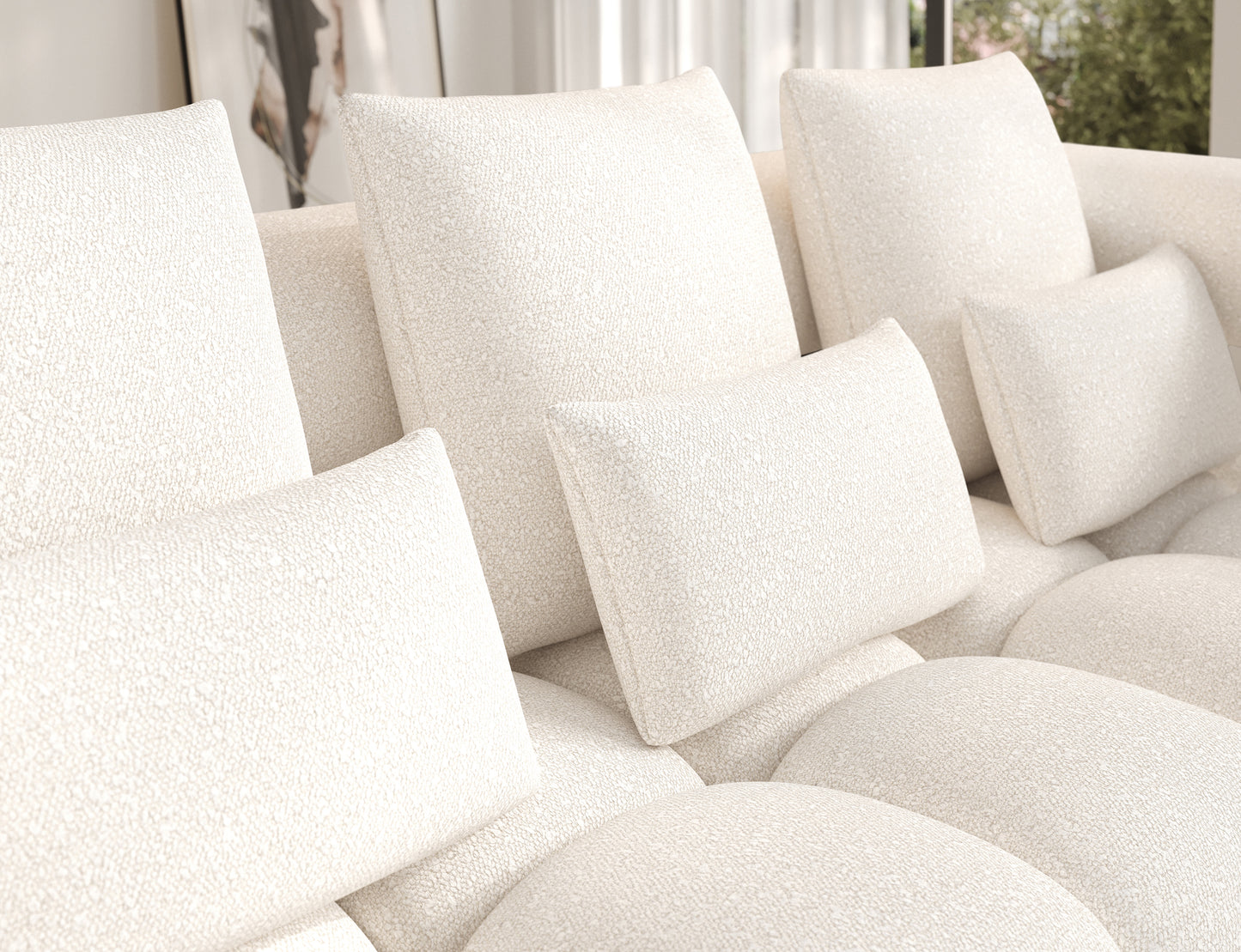 Zbliżenie na miękkie poduszki i siedzisko narożnika Levvi prawy Jaffray 01 – komfort i nowoczesna elegancja w jednym.