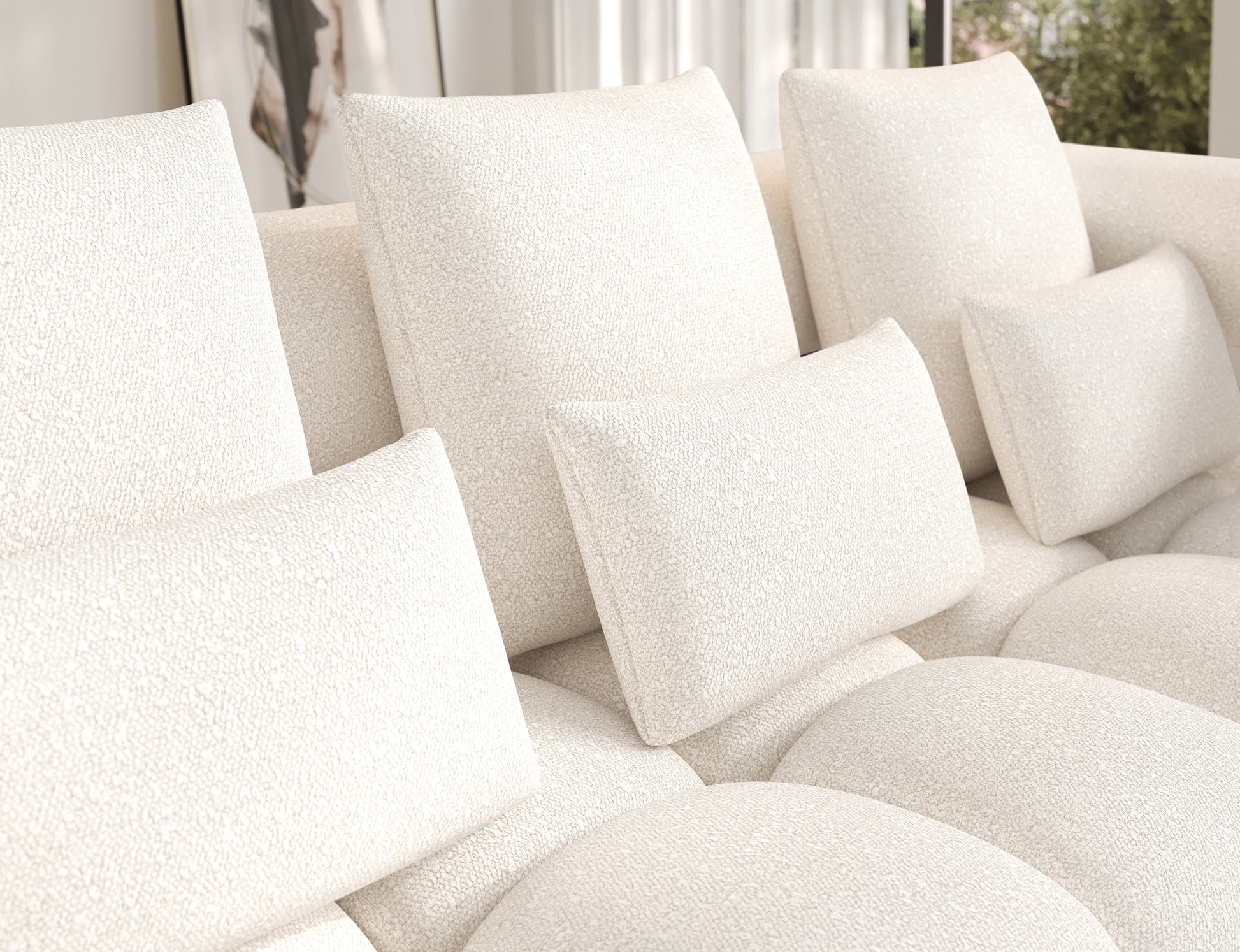 Zbliżenie na miękkie poduszki i siedzisko narożnika Levvi prawy Jaffray 01 – komfort i nowoczesna elegancja w jednym.