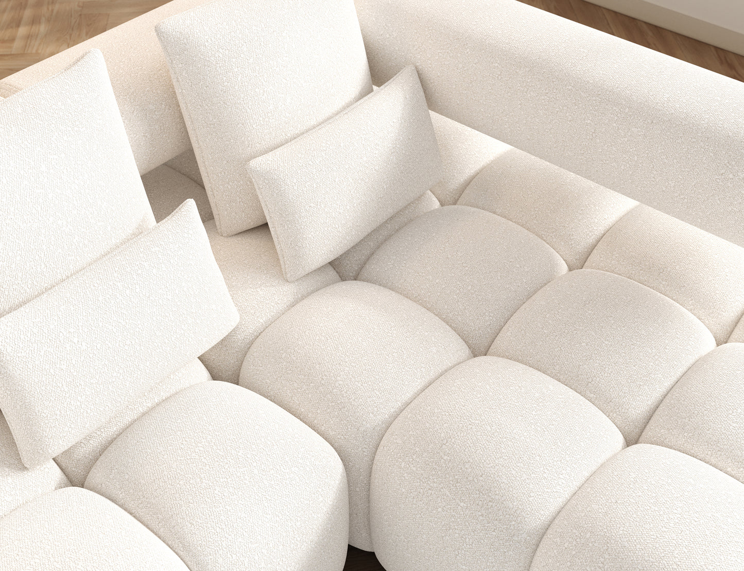 Szczegół konstrukcji i tkaniny narożnika Levvi prawy Jaffray 01 w bieli – połączenie funkcjonalności i stylu w nowoczesnym wnętrzu.