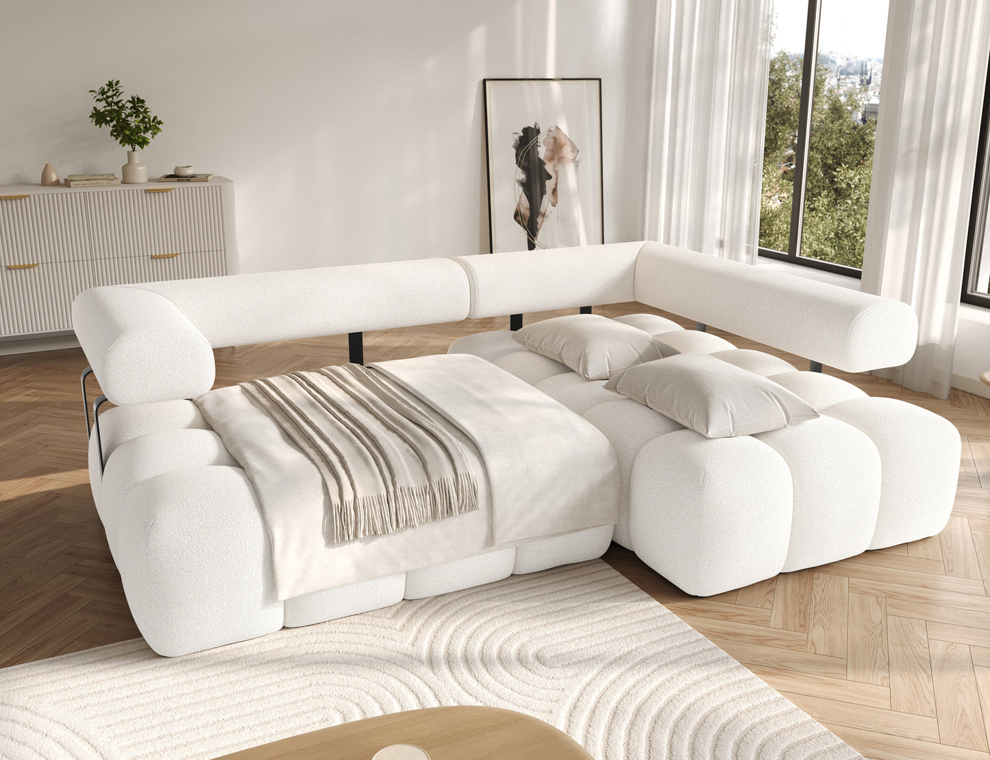 Narożnik Levvi prawy Jaffray 01 rozłożony do funkcji spania – praktyczne rozwiązanie z komfortową powierzchnią noclegową.