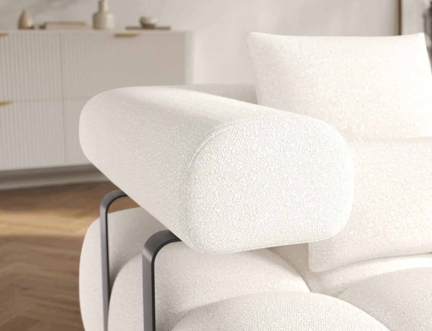 Podłokietnik narożnika Levvi prawy Jaffray 01 – eleganckie, obłe wykończenie w tkaninie boucle, podkreślające design mebla.