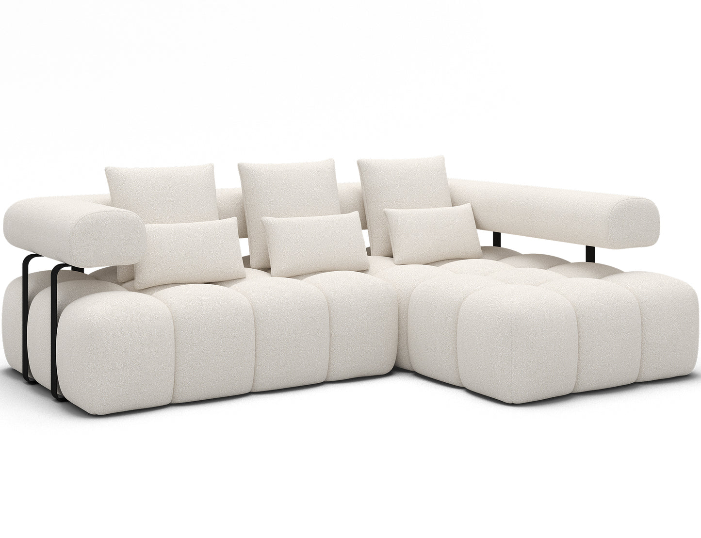 Nowoczesny narożnik Levvi prawy Jaffray 01 w białej tkaninie boucle, z miękkimi poduszkami i metalowymi nogami – elegancja i komfort.