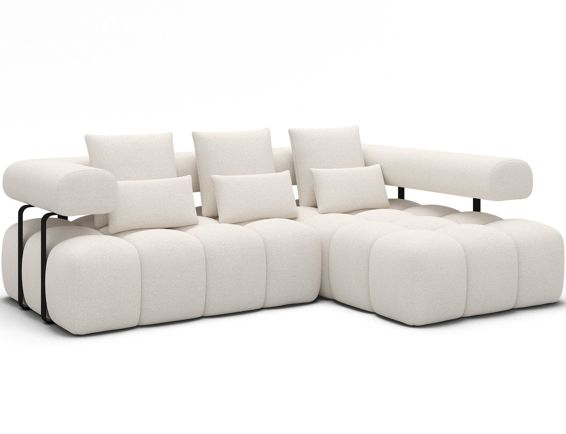 Nowoczesny narożnik Levvi prawy Jaffray 01 w białej tkaninie boucle, z miękkimi poduszkami i metalowymi nogami – elegancja i komfort.