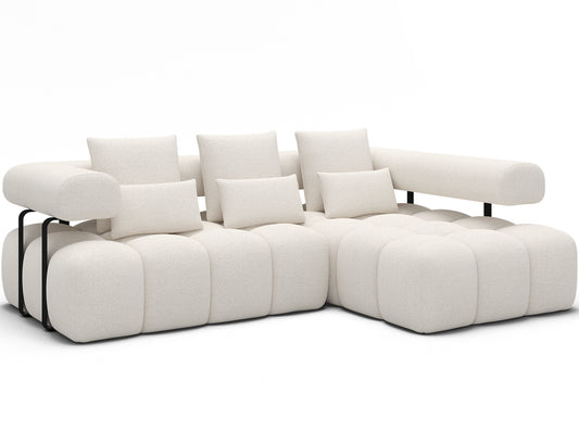 Nowoczesny narożnik Levvi prawy Jaffray 01 w białej tkaninie boucle, z miękkimi poduszkami i metalowymi nogami – elegancja i komfort.