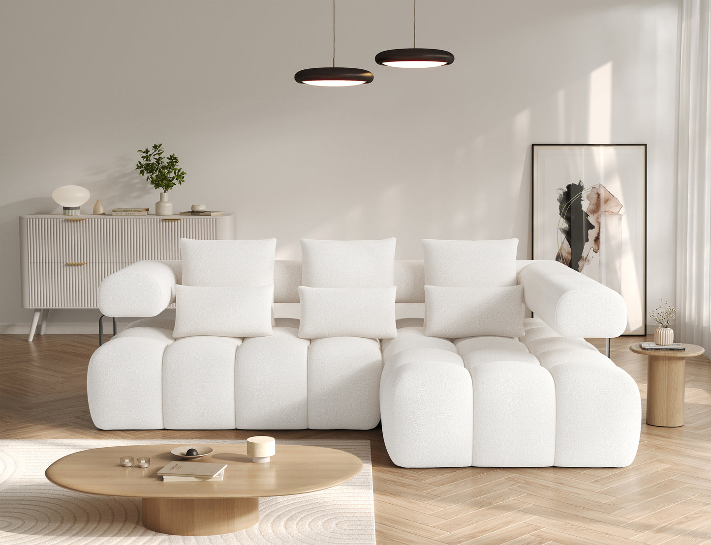 Narożnik Levvi prawy Jaffray 01 w tkaninie boucle w odcieniu bieli, widok z przodu – nowoczesna forma i wyjątkowa wygoda w salonie.