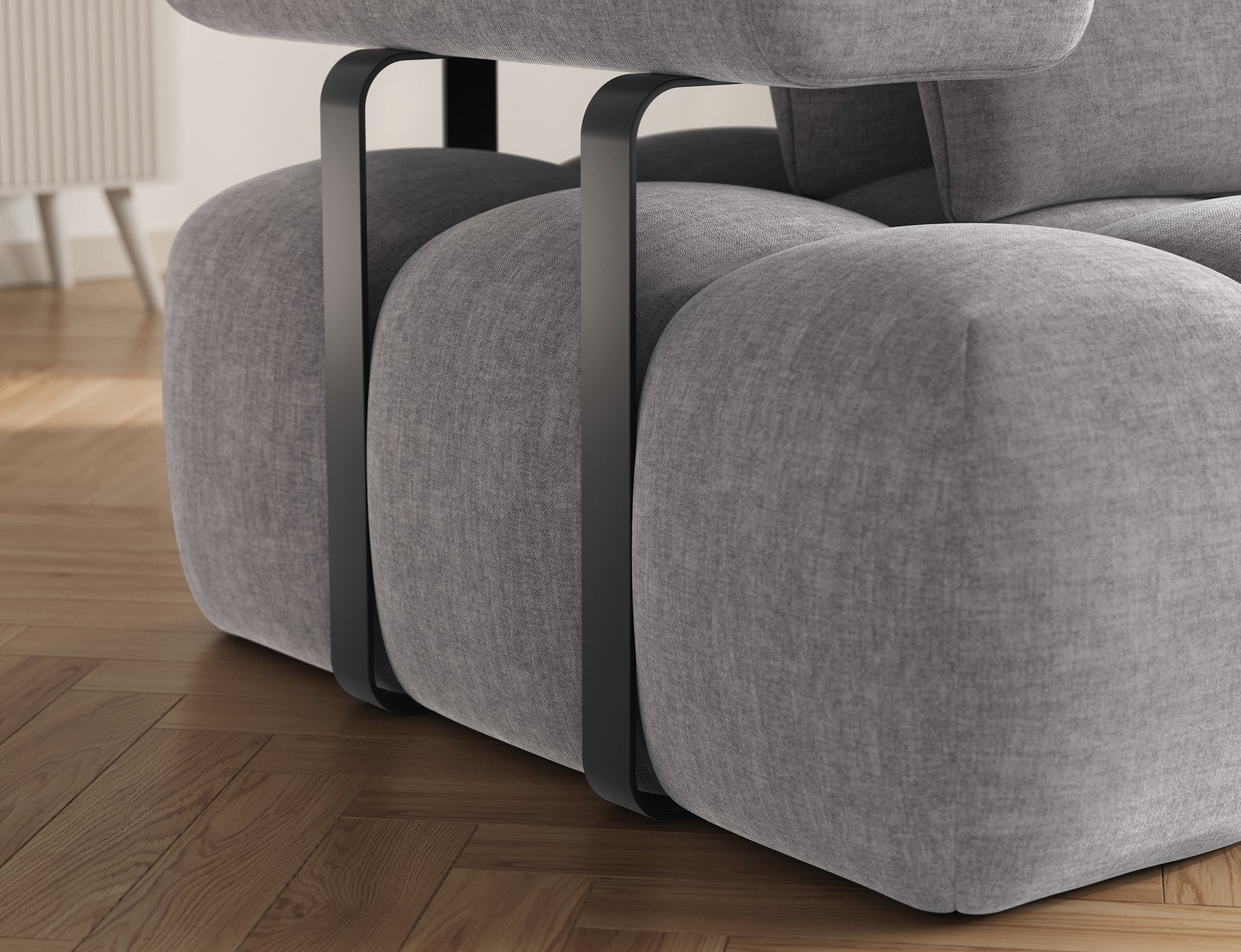 Narożnik Levvi prawy w tkaninie Manhattan 03 jasnoszary – welur easy clean, komfortowe wykończenie, funkcja spania Relax, czarne nogi