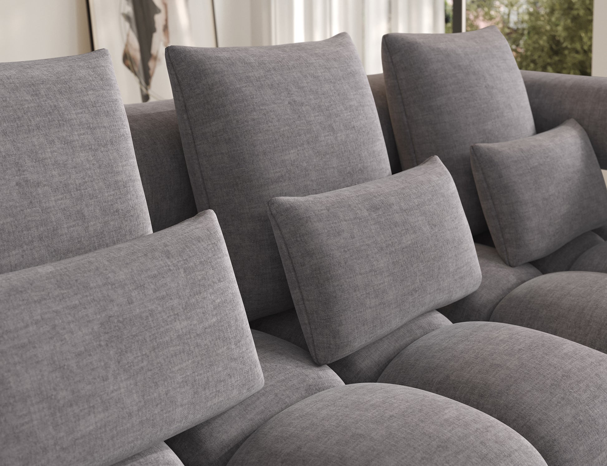 Zbliżenie narożnika Levvi prawy w welurze easy clean Manhattan 03 jasnoszary – miękkie poduchy, solidne wykonanie, czarne metalowe nogi