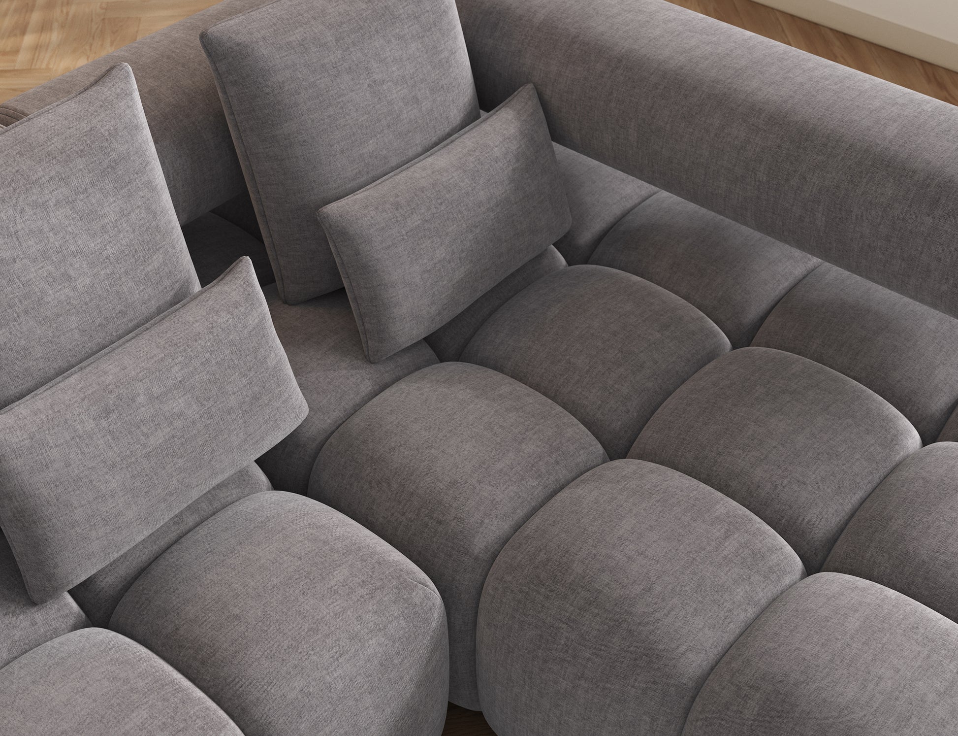 Narożnik Levvi prawy w tkaninie Manhattan 03 jasnoszary – welur easy clean, eleganckie wykończenie, funkcja spania, czarne metalowe nogi