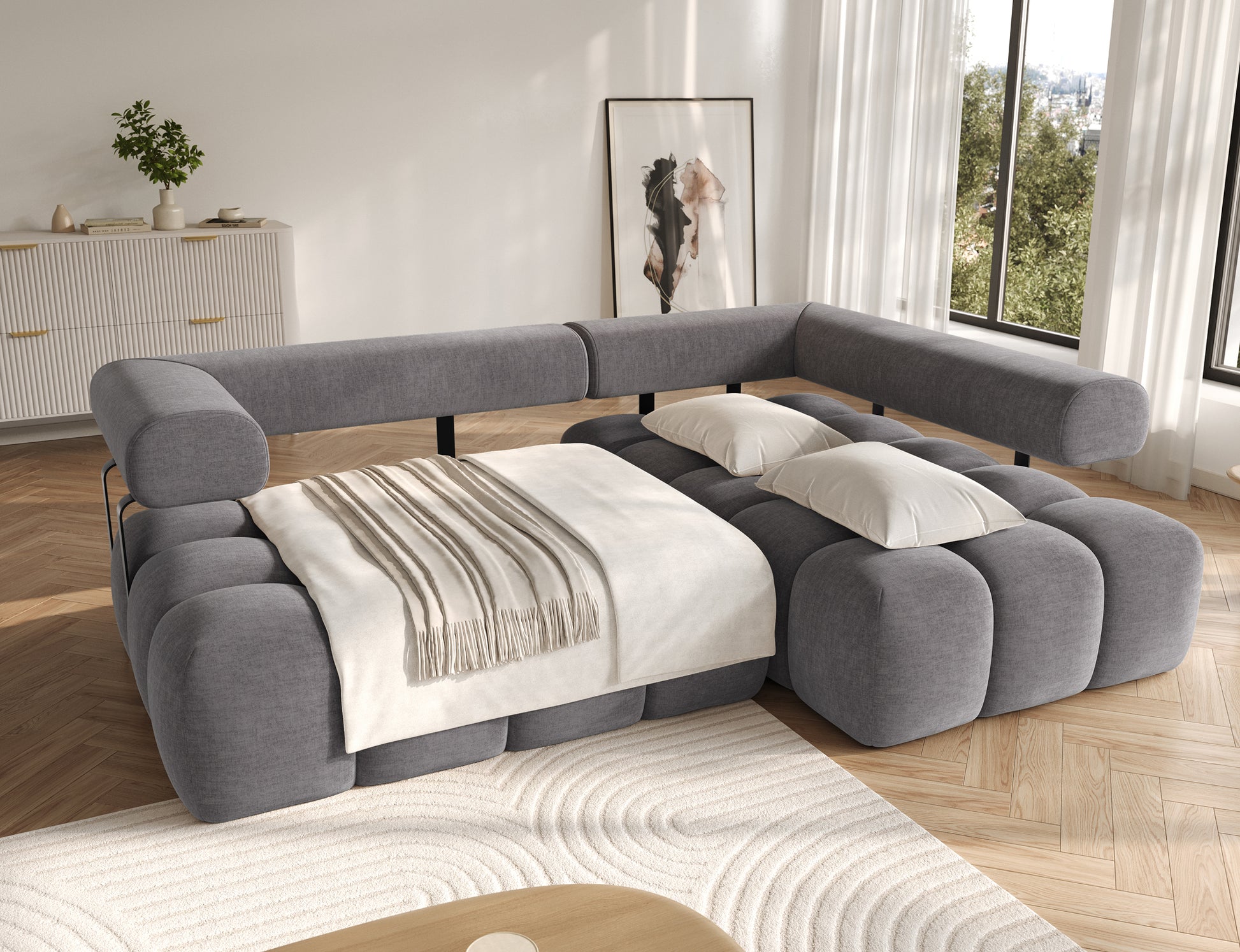 Narożnik Levvi prawy w jasnoszarym welurze Manhattan 03 easy clean z funkcją spania Relax – praktyczne rozwiązanie, czarne metalowe nogi