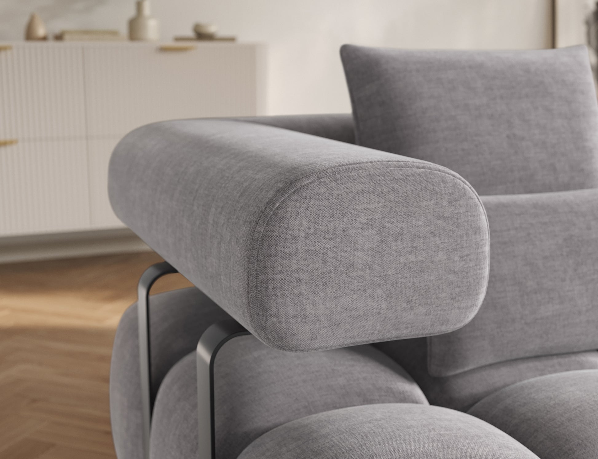 Podłokietnik narożnika Levvi prawy w tkaninie Manhattan 03 jasnoszary – miękki welur easy clean, solidne wykonanie, czarne metalowe nogi