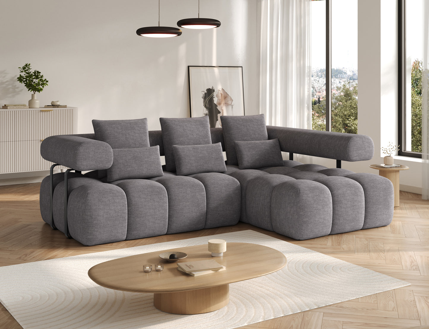 Narożnik Levvi prawy w jasnoszarym welurze easy clean Manhattan 03 – elegancki i wygodny, z funkcją spania Relax i czarnymi metalowymi nogami